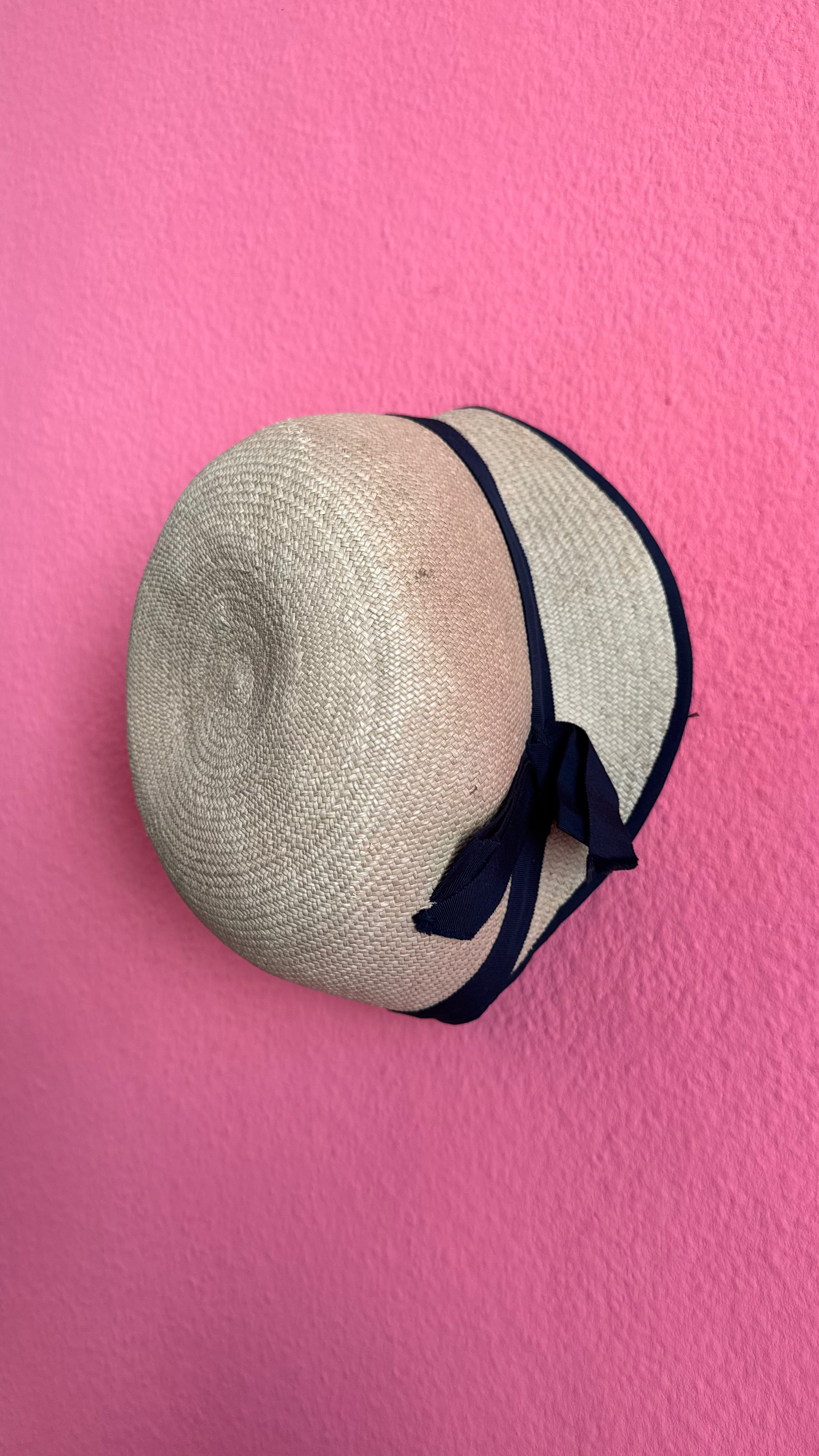 Vintage 1920s Natural Straw Cloche Hat With Navy Ribbon