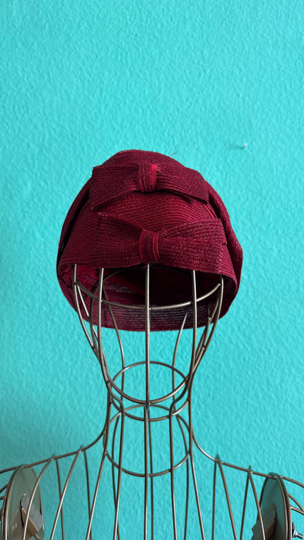Vintage 1950s Burgundy Woven Bow Turban Hat