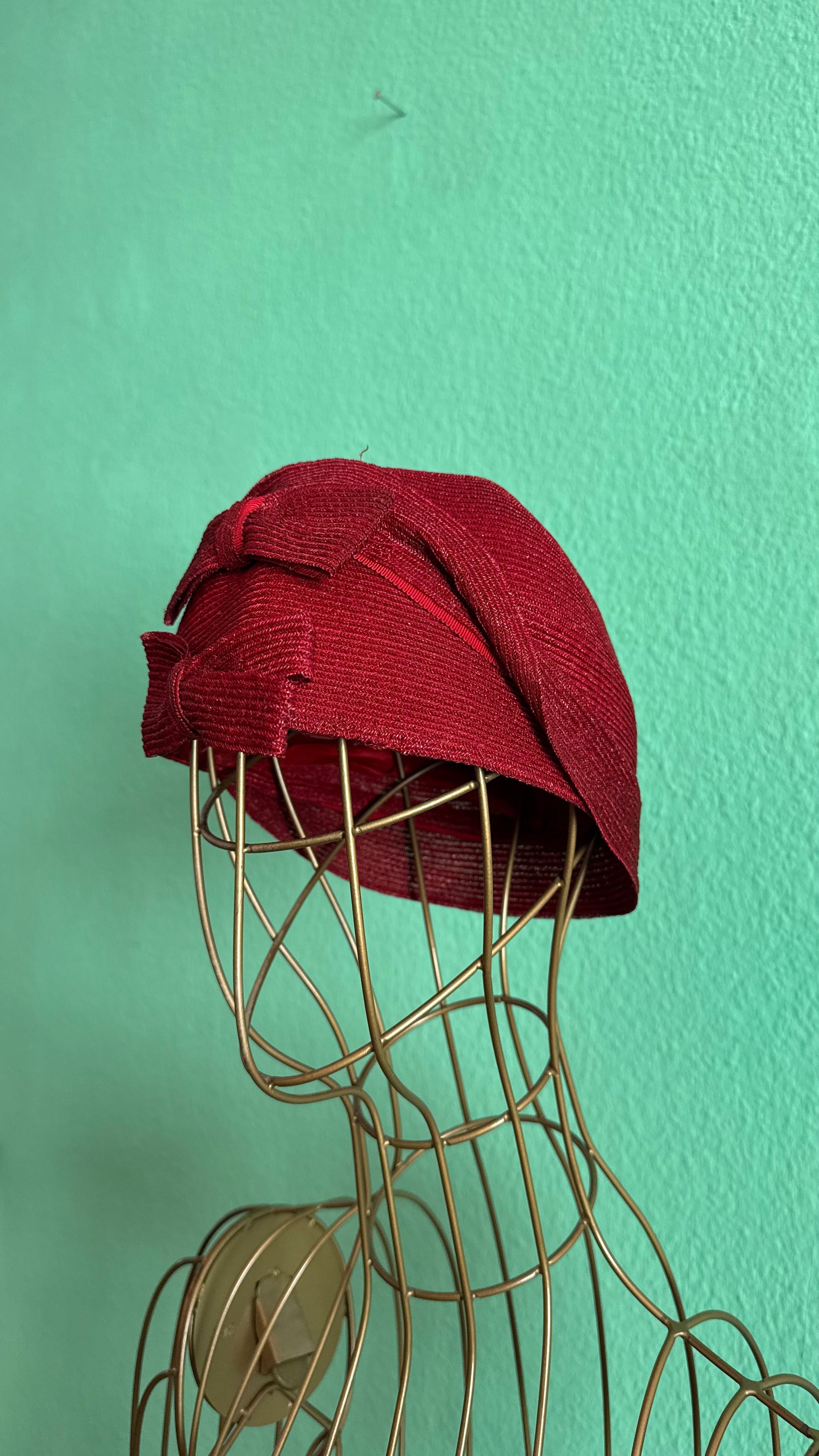 Vintage 1950s Burgundy Woven Bow Turban Hat