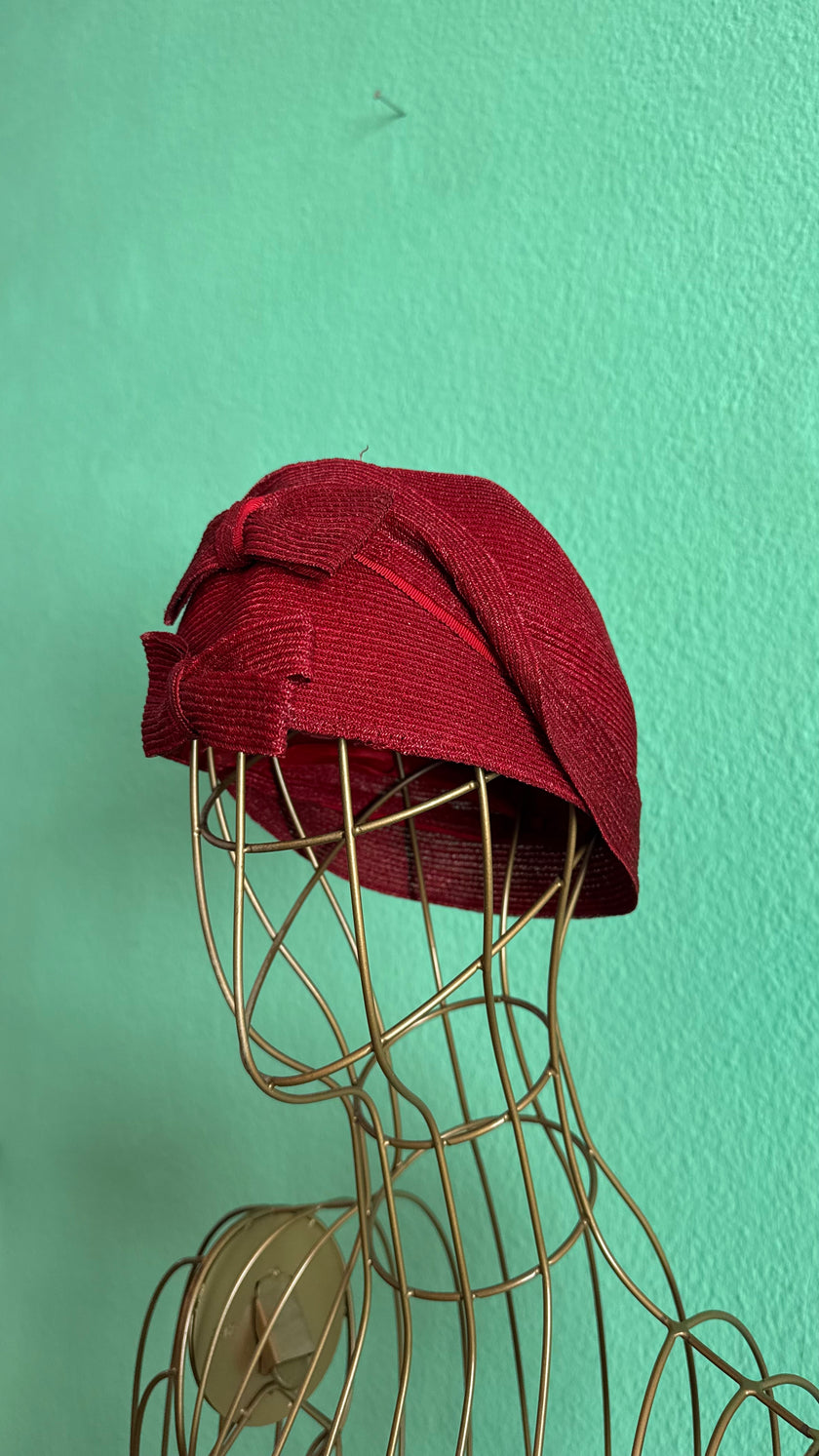 Vintage 1950s Burgundy Woven Bow Turban Hat