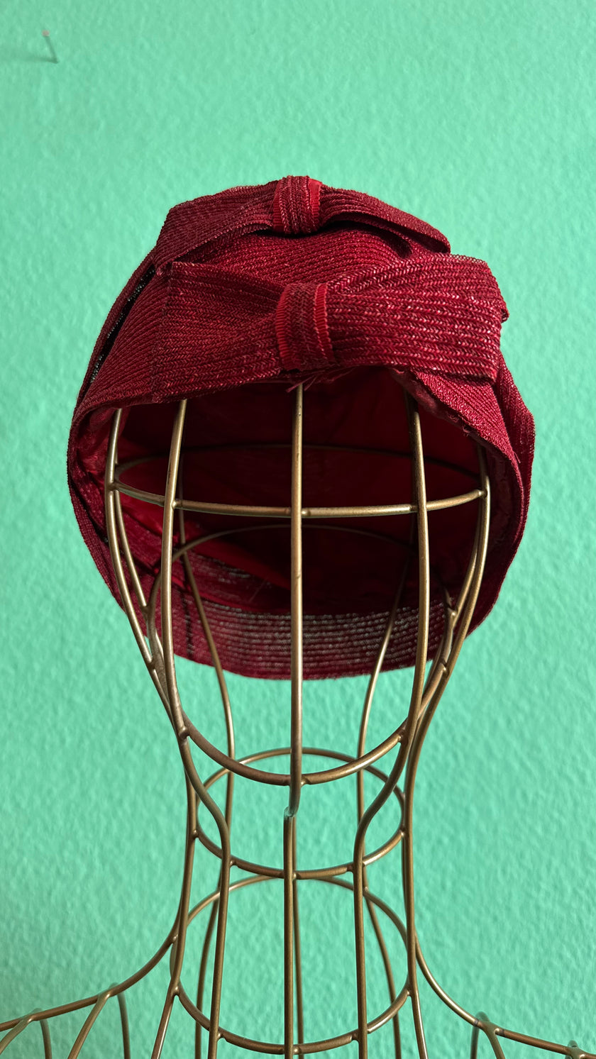 Vintage 1950s Burgundy Woven Bow Turban Hat
