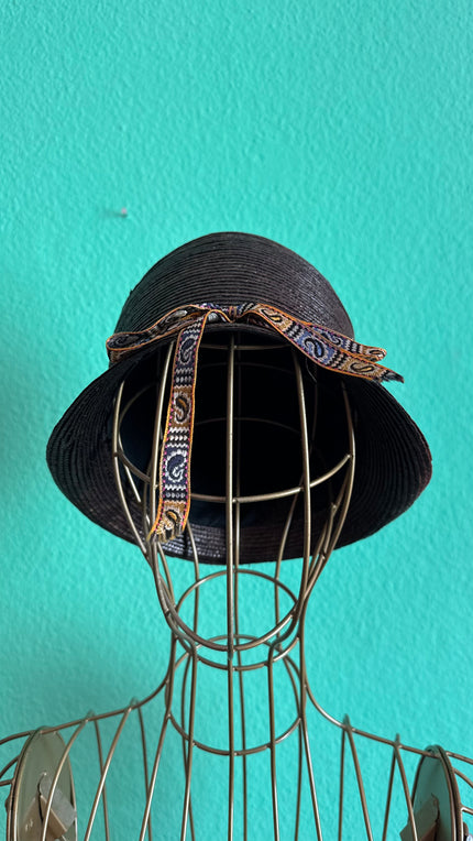 Vintage 1920s Black Woven Cloche Hat With Patterned Ribbon