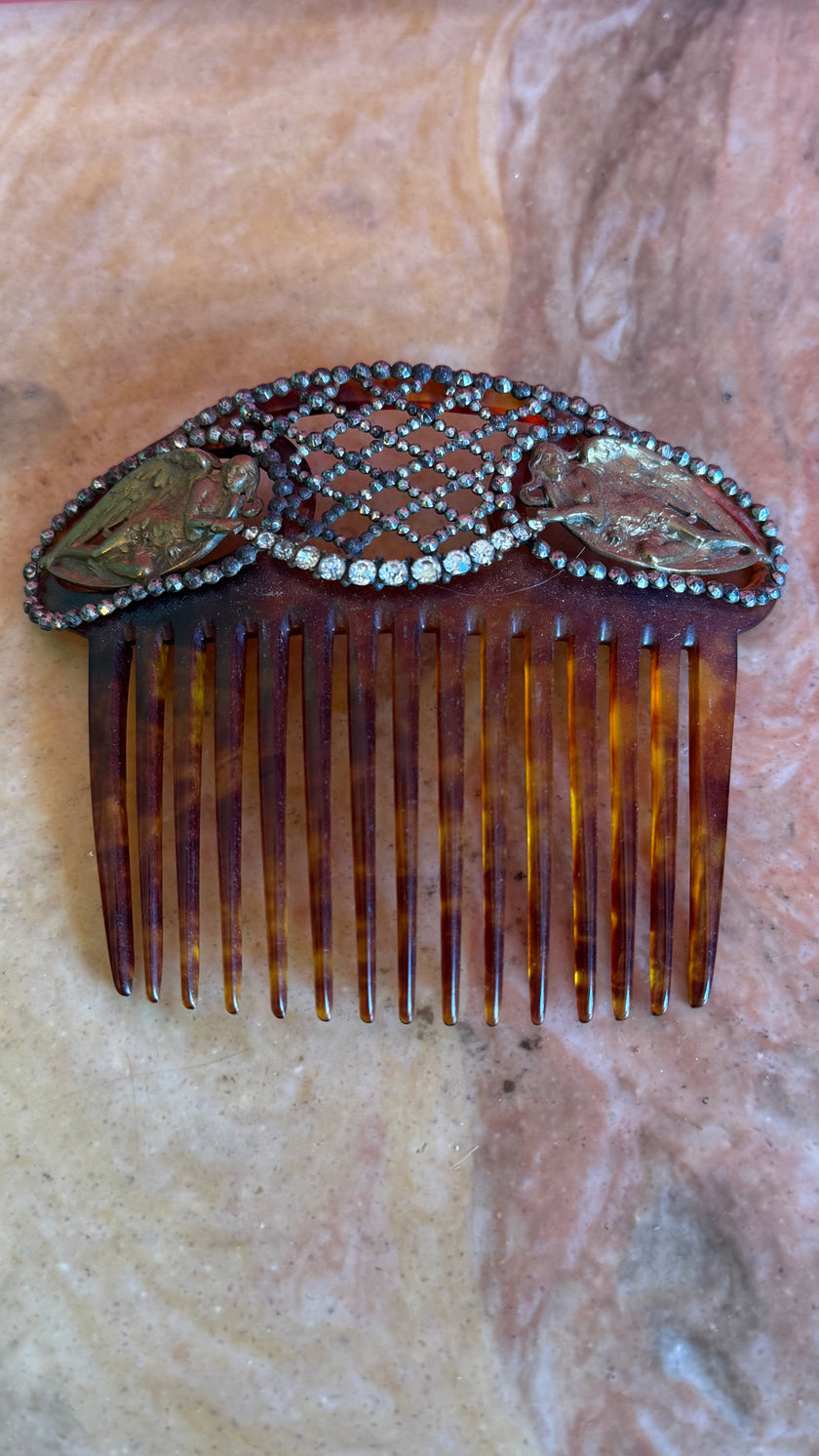Vintage Early 20th Century Tortoiseshell-Effect Rhinestone Hair Comb