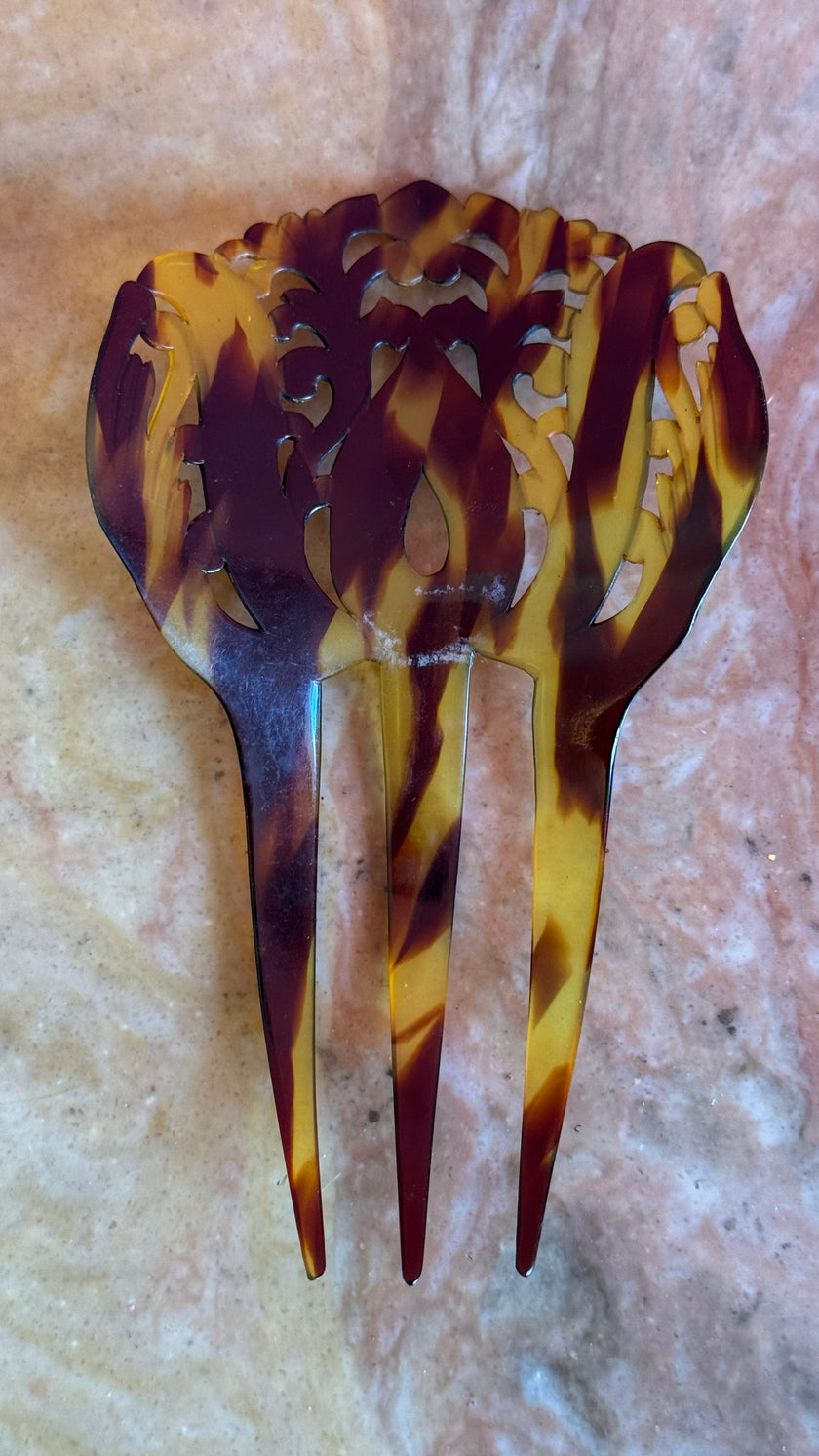 Vintage 1930s Tortoiseshell-Effect Carved Three-Prong Hair Comb