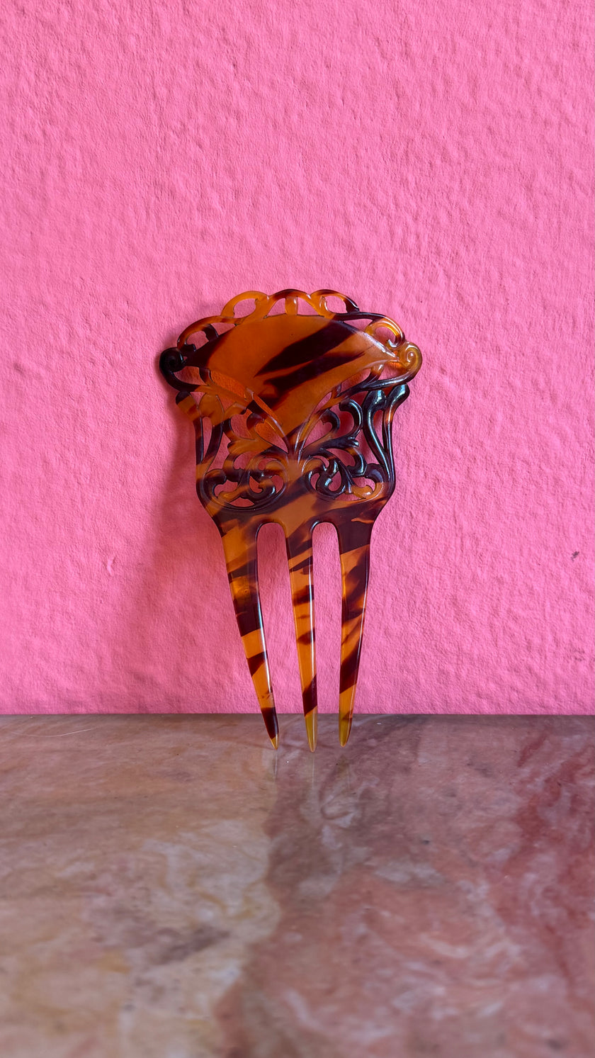 Vintage 1930s Tortoiseshell-Effect Carved Three-Prong Hair Comb