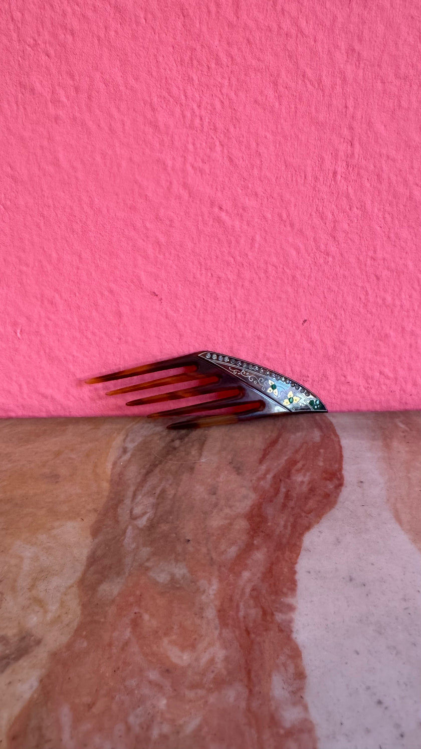 Vintage 1920s Tortoiseshell-Effect Floral Rhinestone Hair Comb