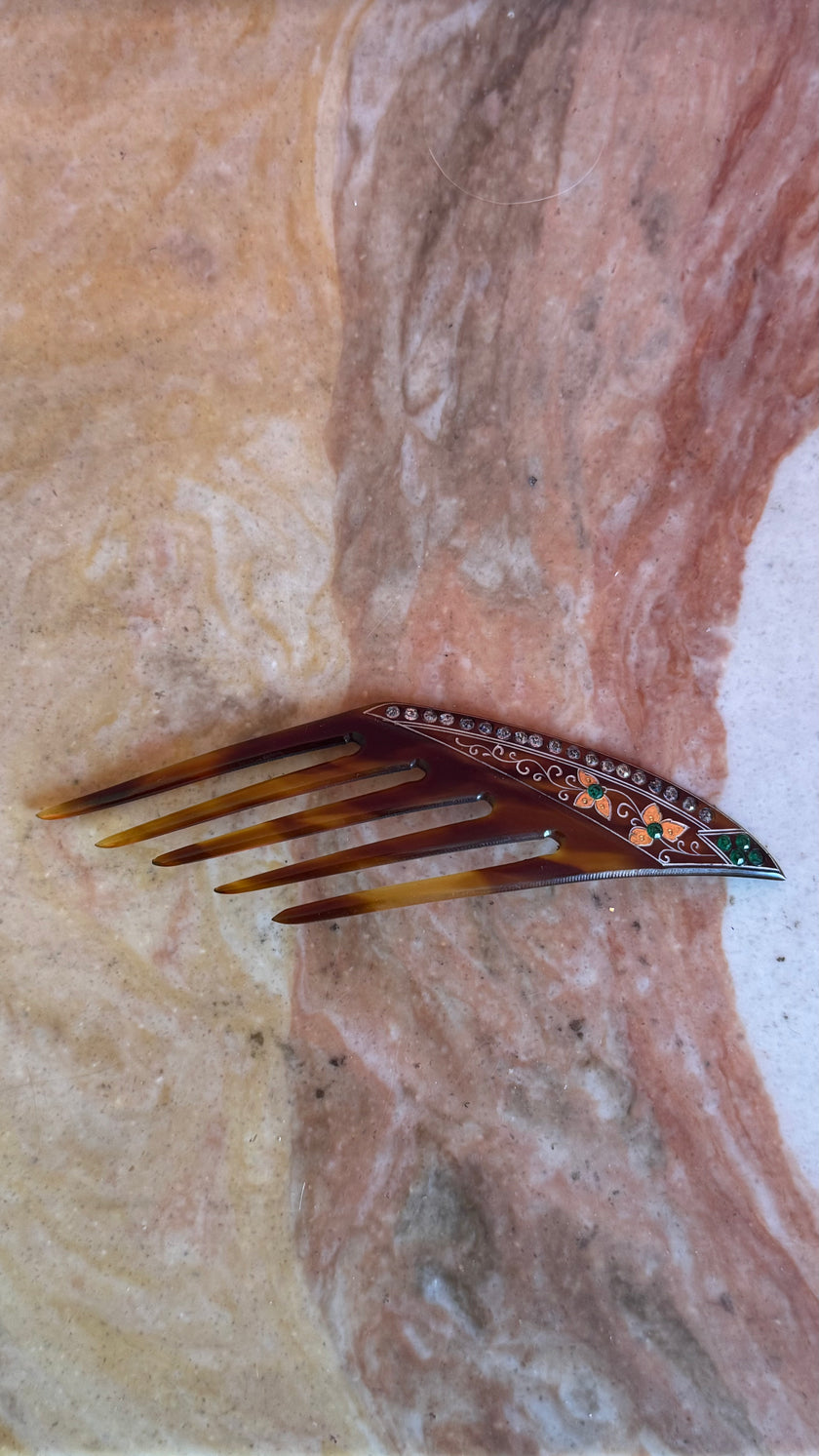 Vintage 1920s Tortoiseshell-Effect Floral Rhinestone Hair Comb