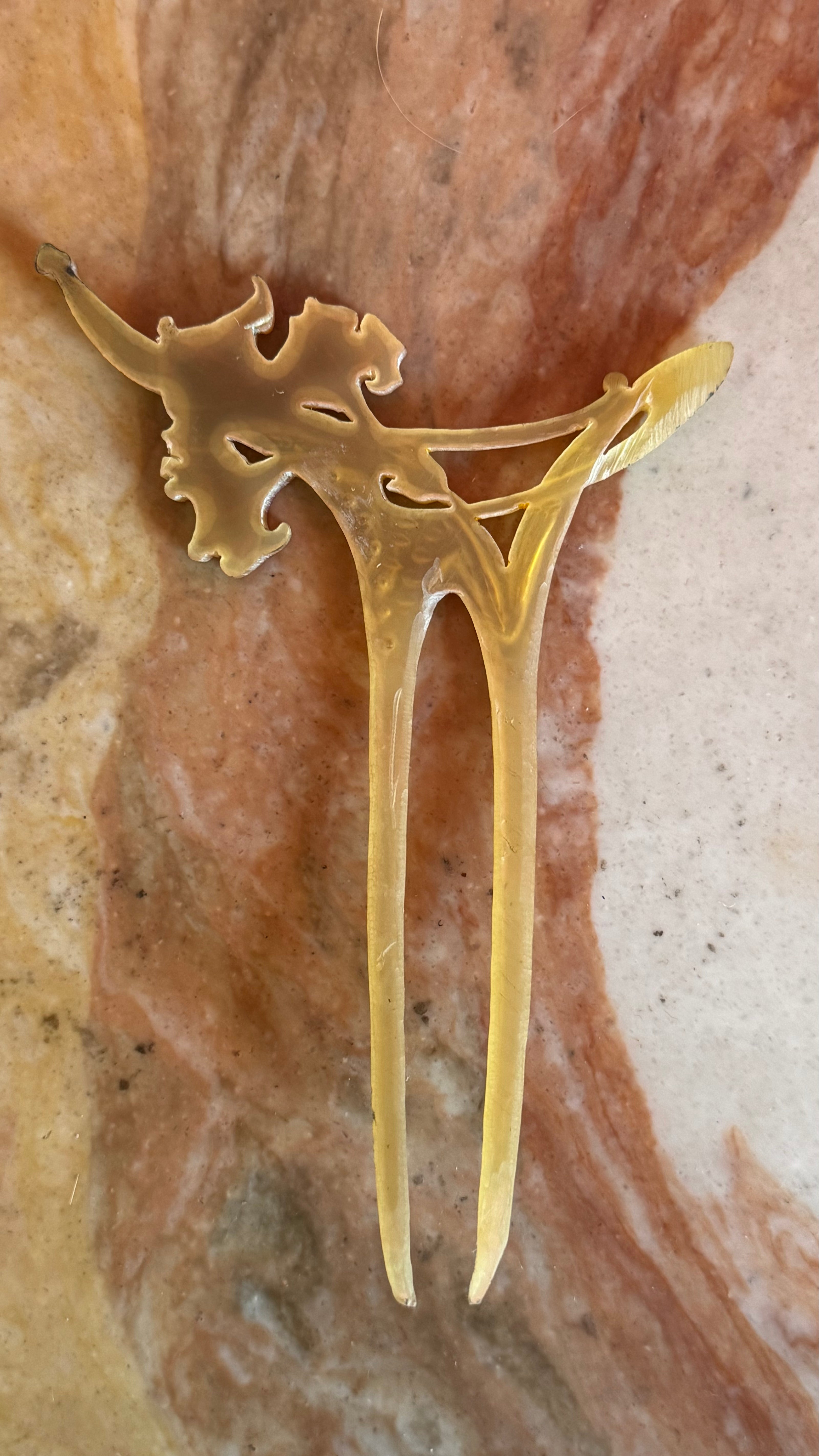 Vintage Early 20th Century Horn Floral Rhinestone Hair Pin