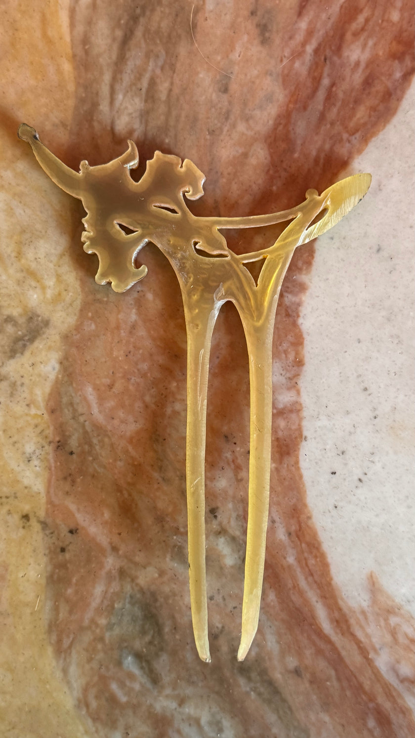 Vintage Early 20th Century Horn Floral Rhinestone Hair Pin