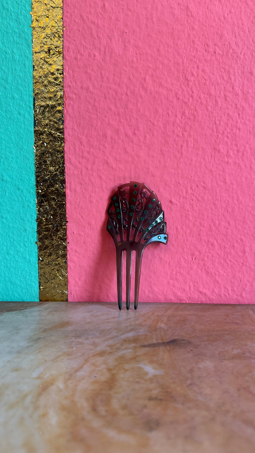 Vintage 1920s Green Rhinestone Fan-Shaped Three-Prong Hair Comb
