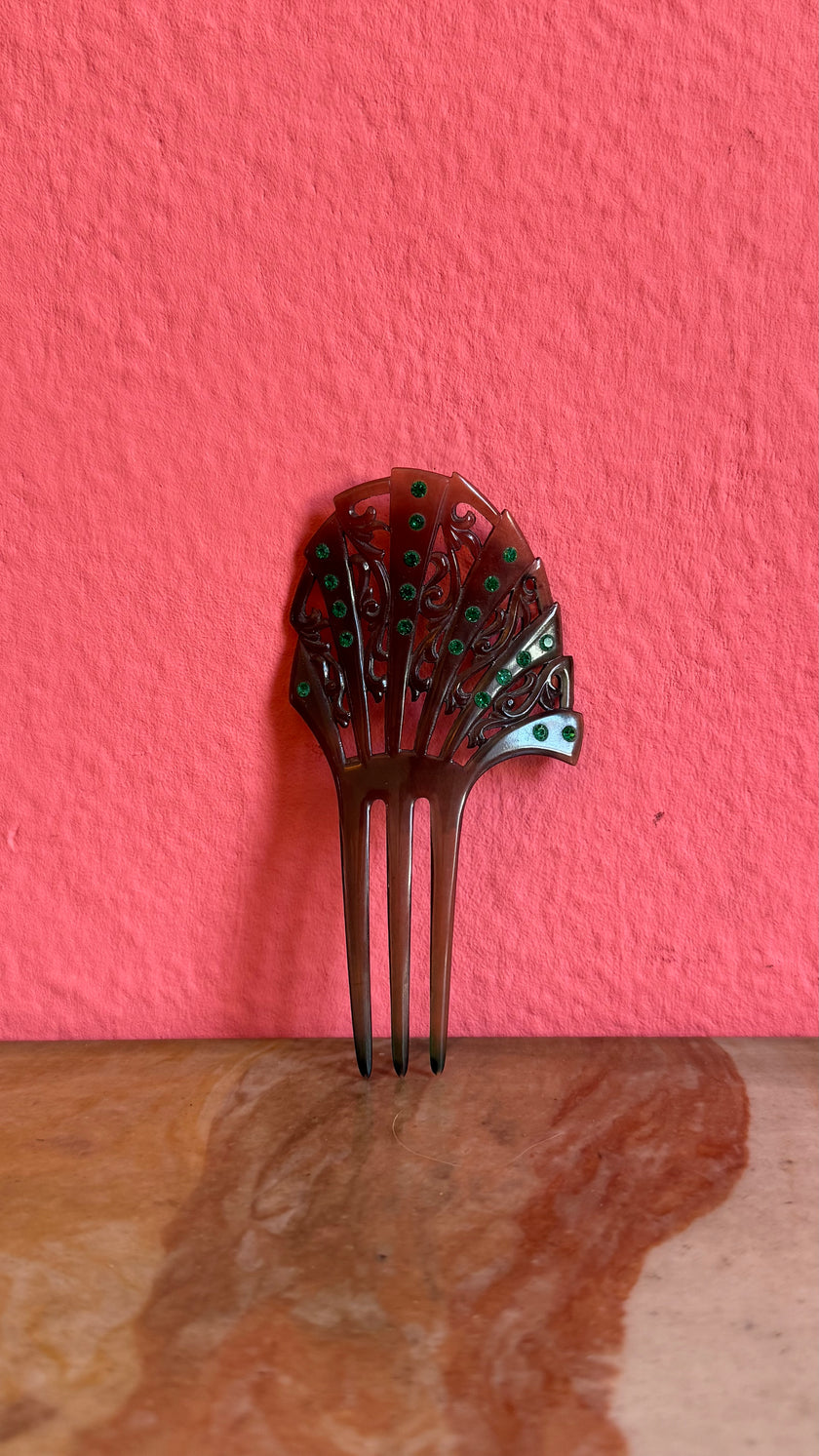 Vintage 1920s Green Rhinestone Fan-Shaped Three-Prong Hair Comb