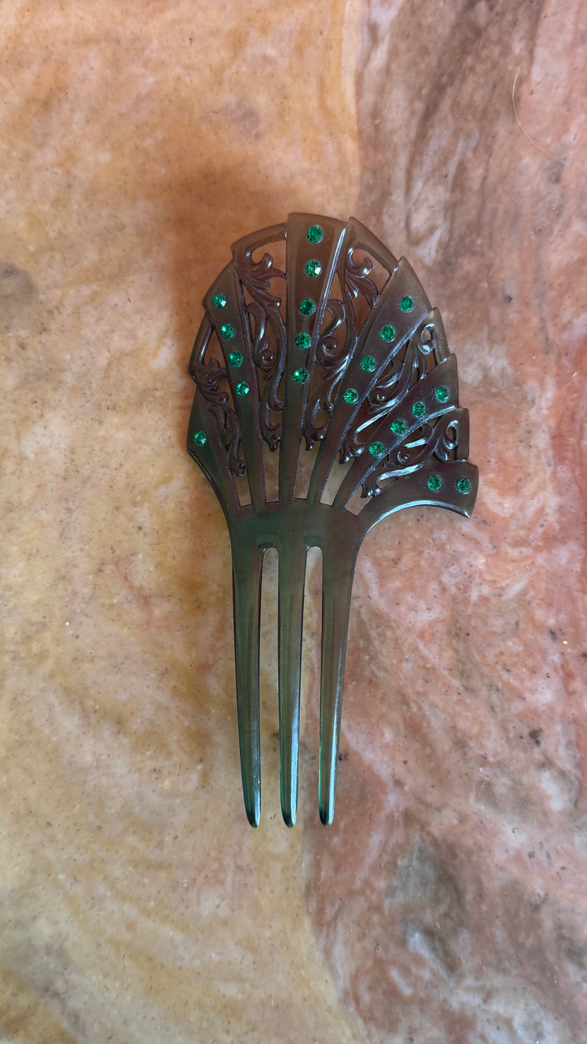 Vintage 1920s Green Rhinestone Fan-Shaped Three-Prong Hair Comb