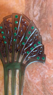 Vintage 1920s Green Rhinestone Fan-Shaped Three-Prong Hair Comb