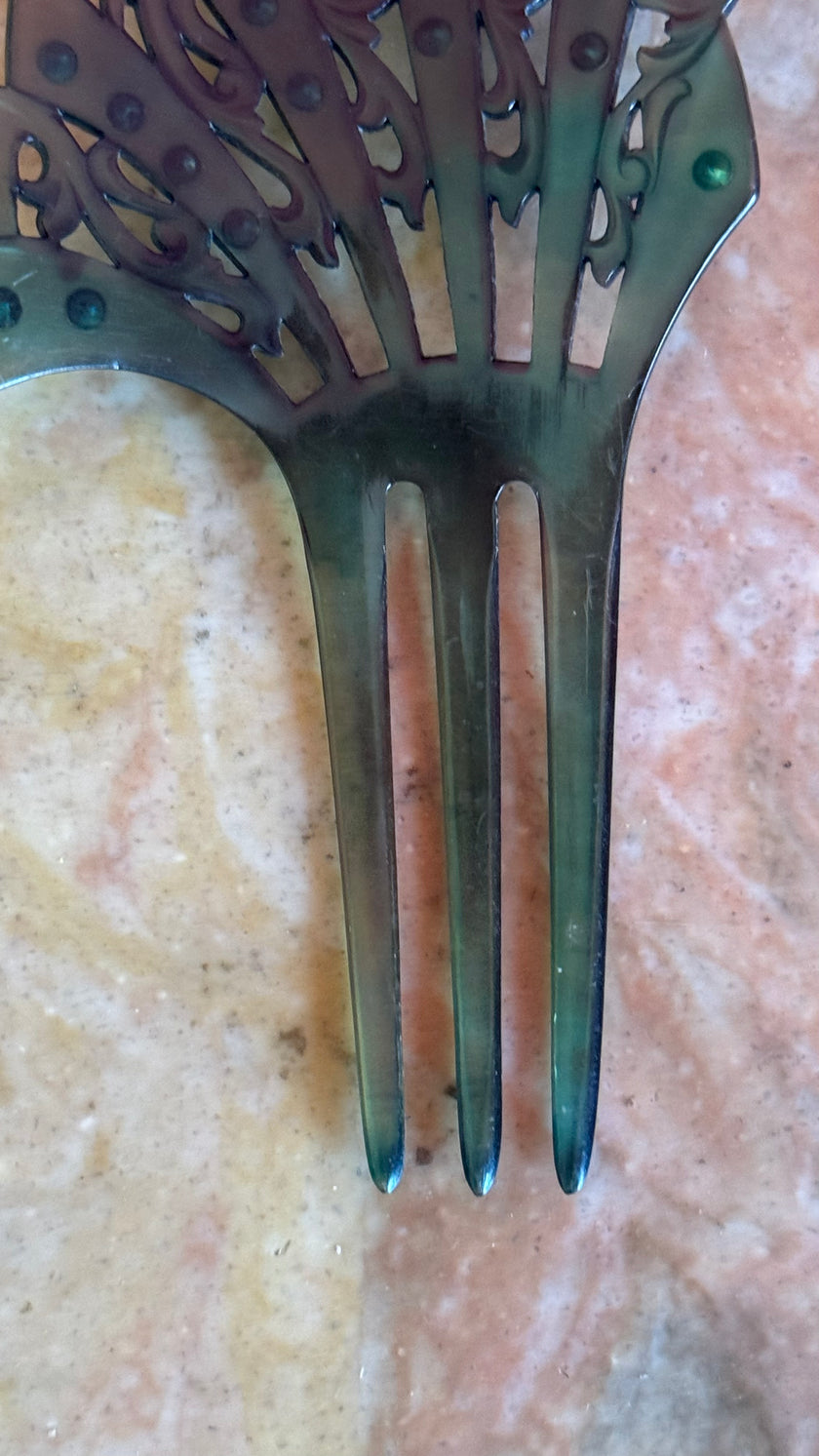 Vintage 1920s Green Rhinestone Fan-Shaped Three-Prong Hair Comb