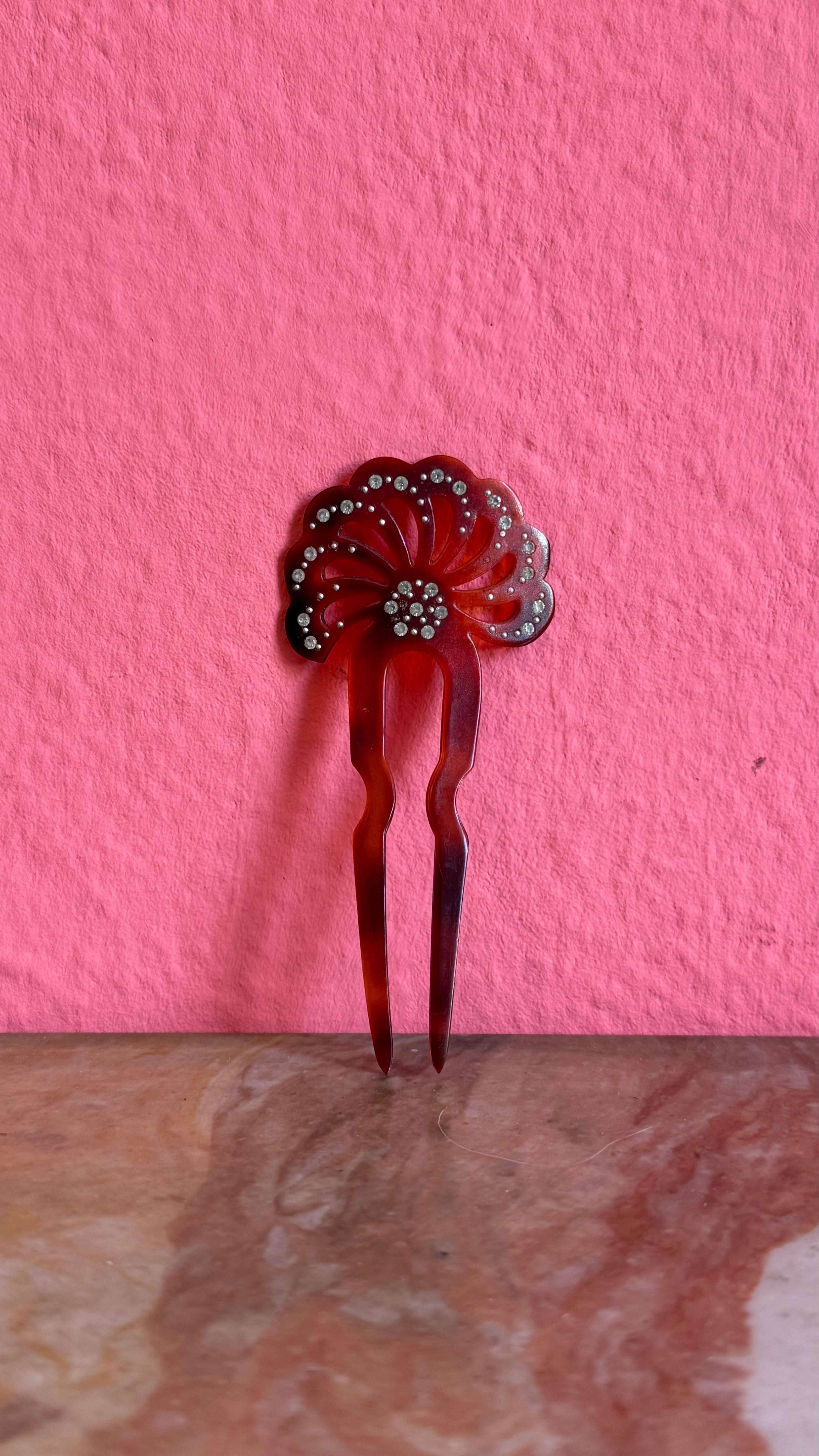 Vintage 1920s Amber Floral Rhinestone Two-Prong Hair Pin