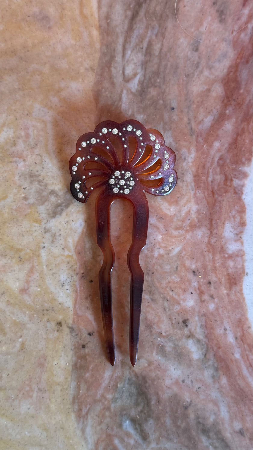 Vintage 1920s Amber Floral Rhinestone Two-Prong Hair Pin