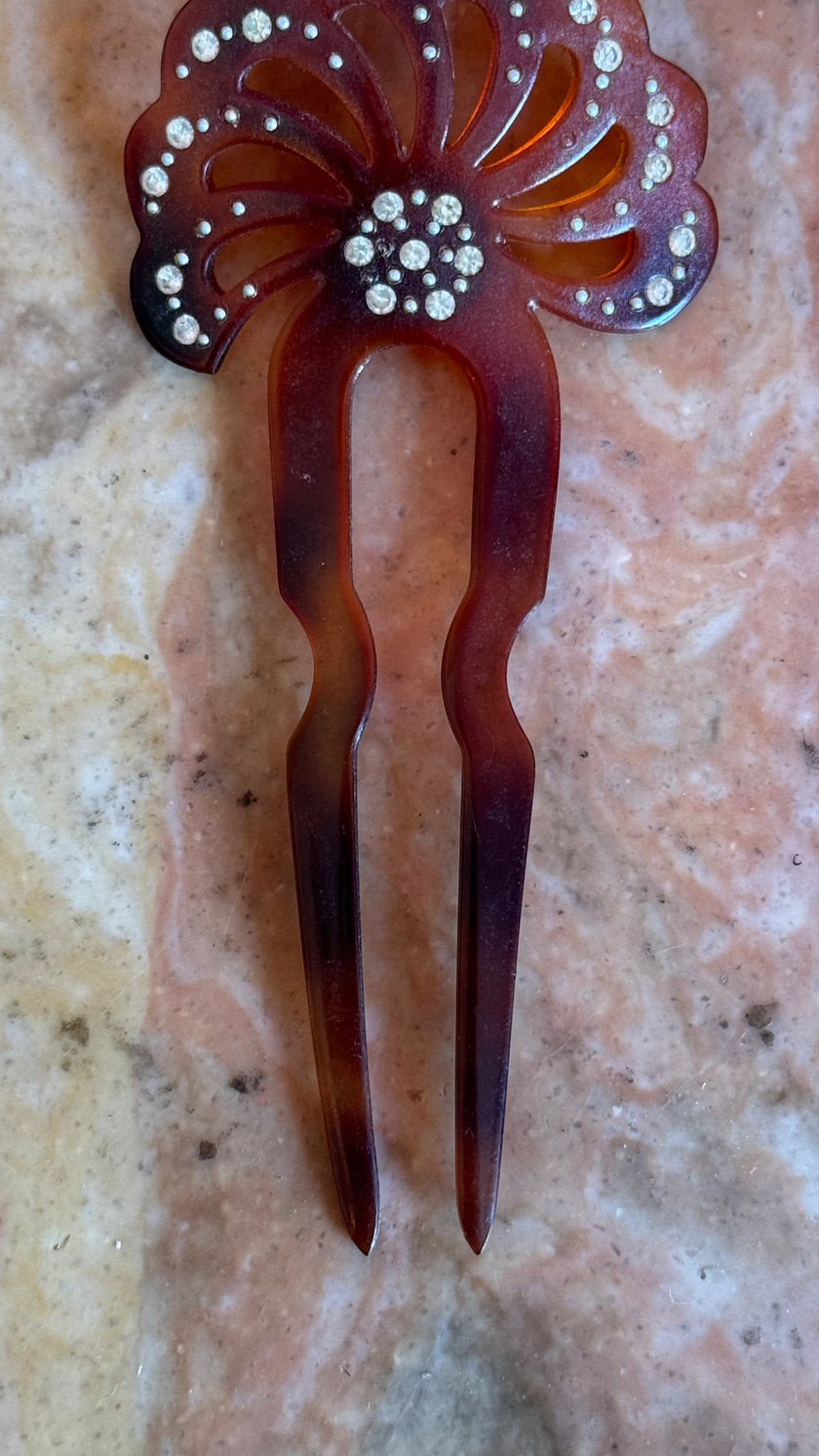 Vintage 1920s Amber Floral Rhinestone Two-Prong Hair Pin