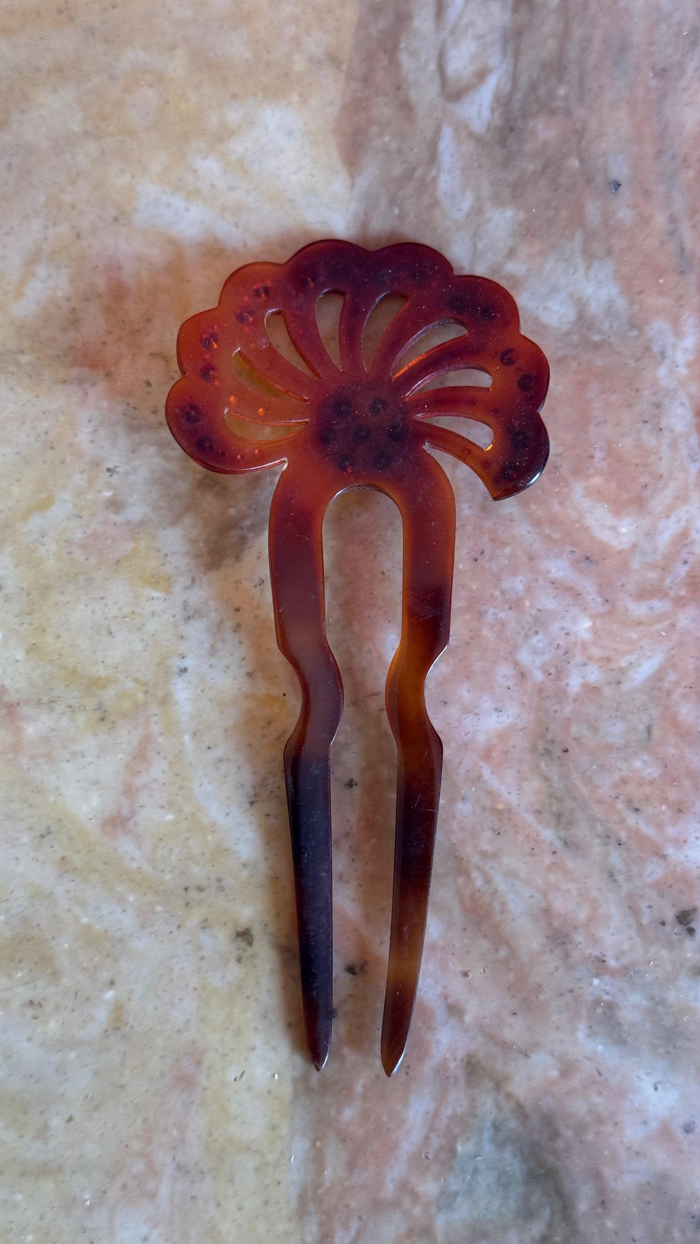 Vintage 1920s Amber Floral Rhinestone Two-Prong Hair Pin