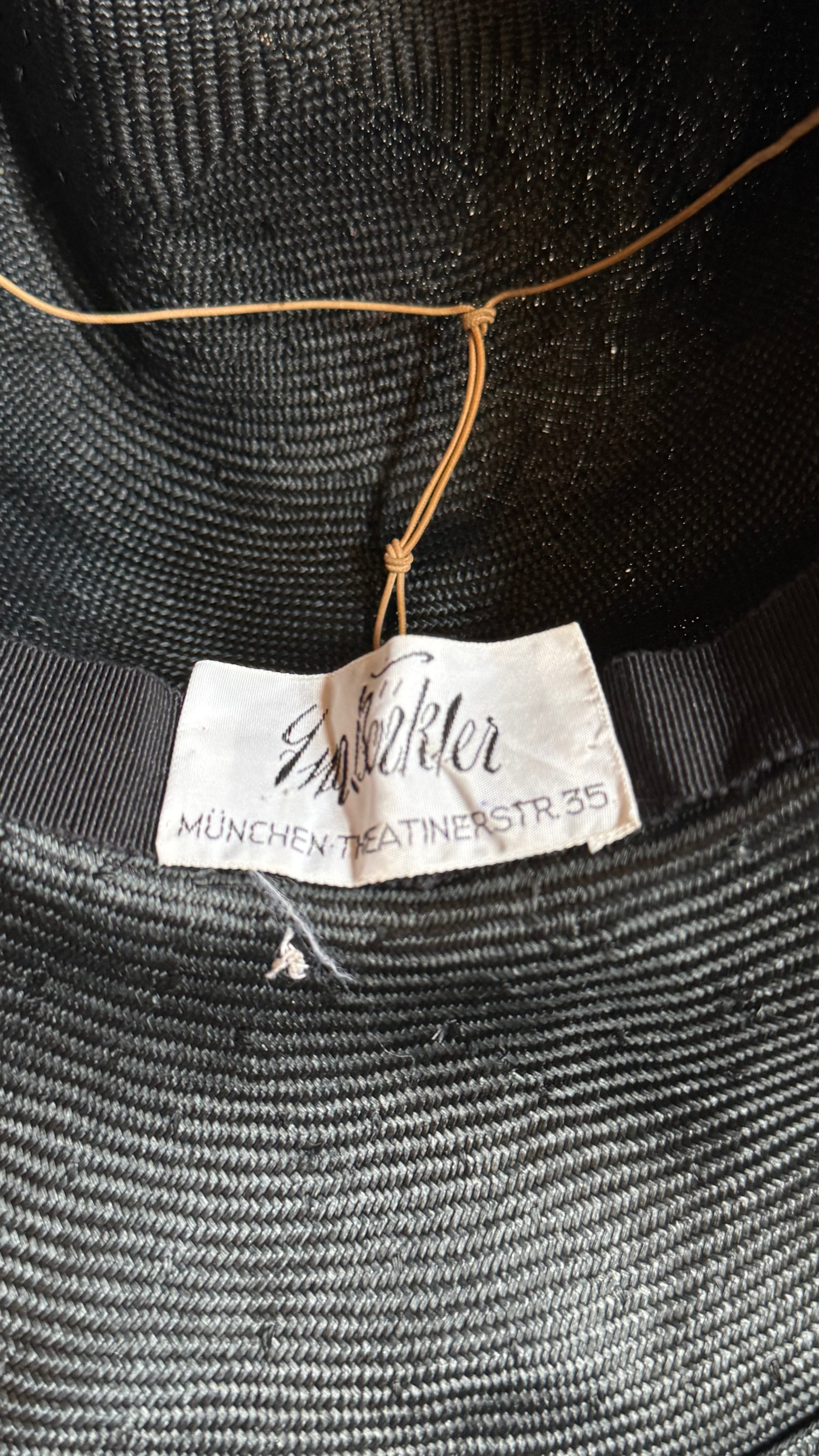 Vintage 1980s Black Wide Brim Straw Hat With Ivory Band