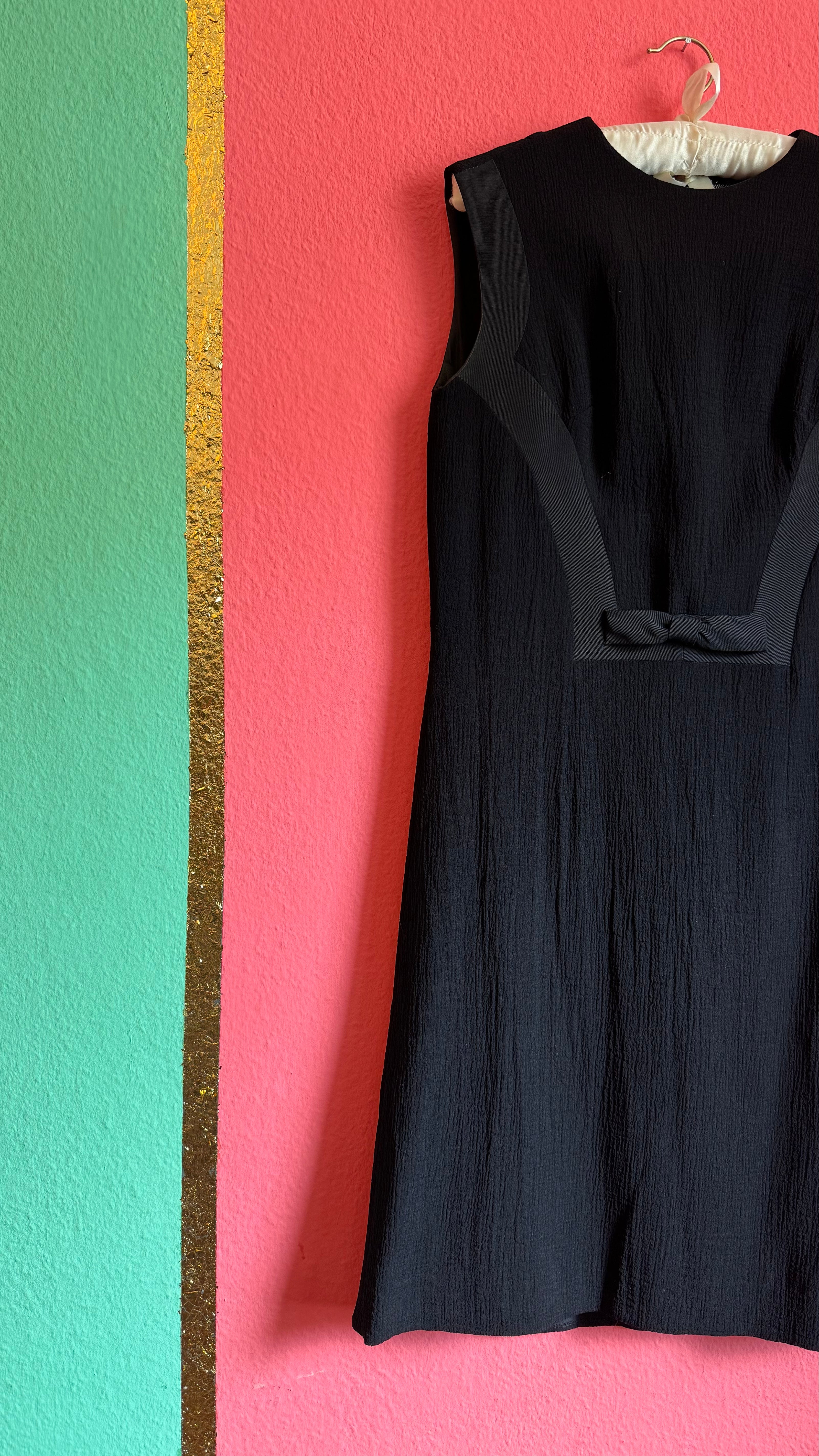 Vintage 1960s Black Textured A-Line Dress With Bow Detail