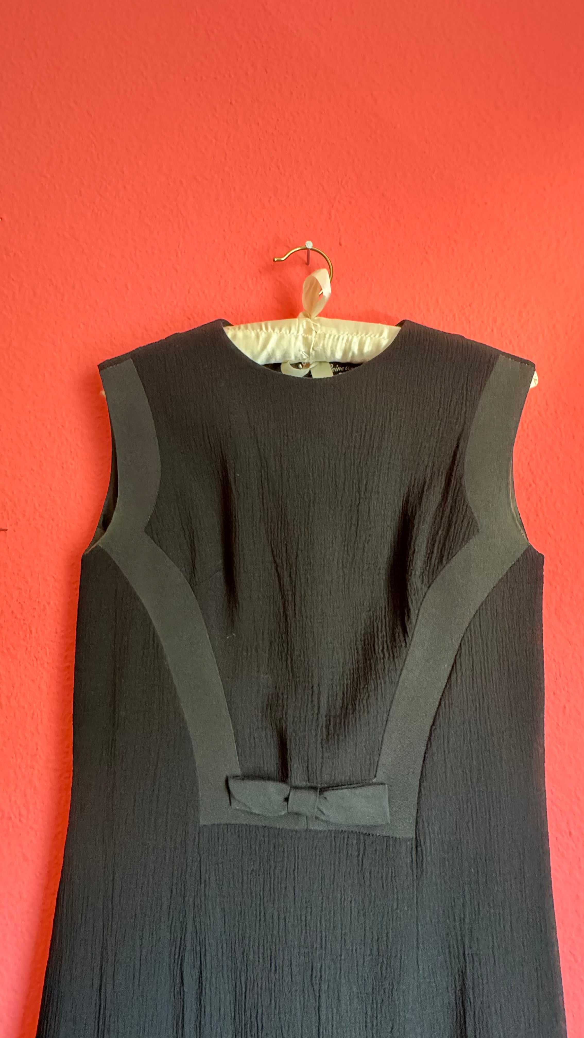 Vintage 1960s Black Textured A-Line Dress With Bow Detail