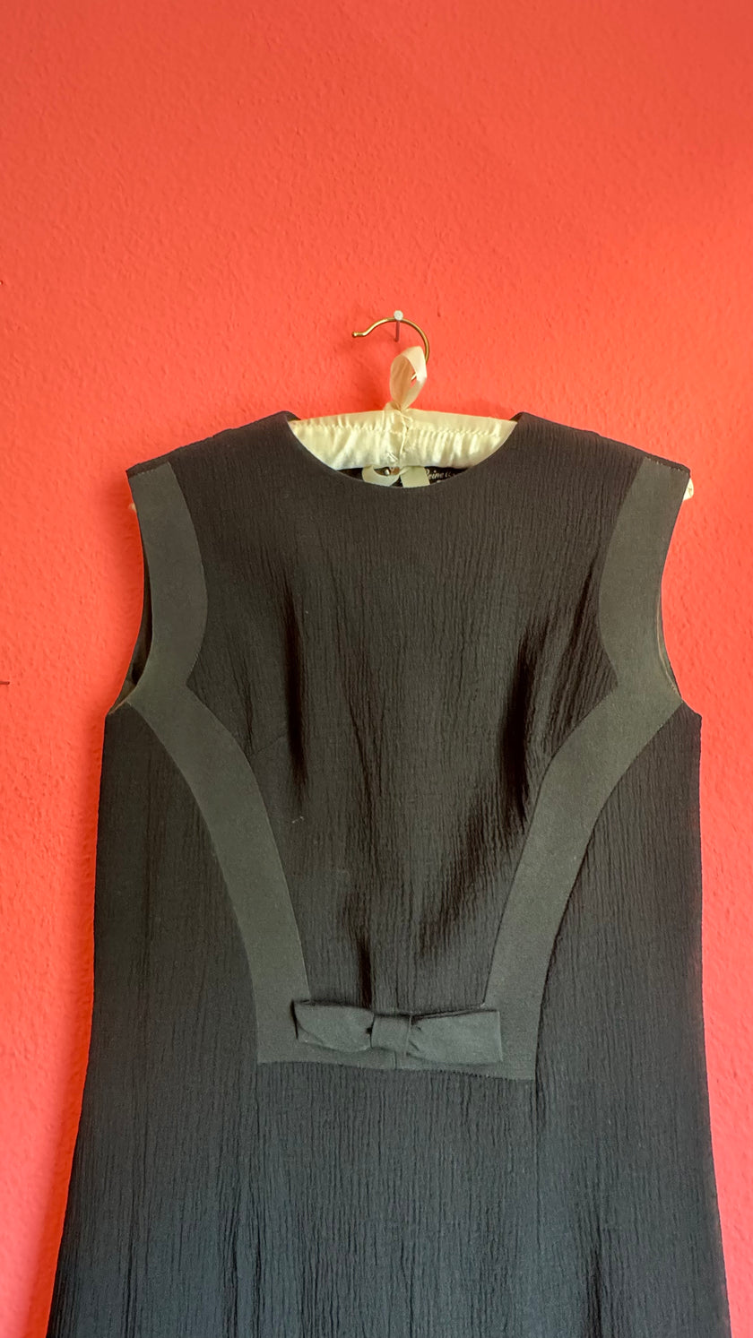 Vintage 1960s Black Textured A-Line Dress With Bow Detail