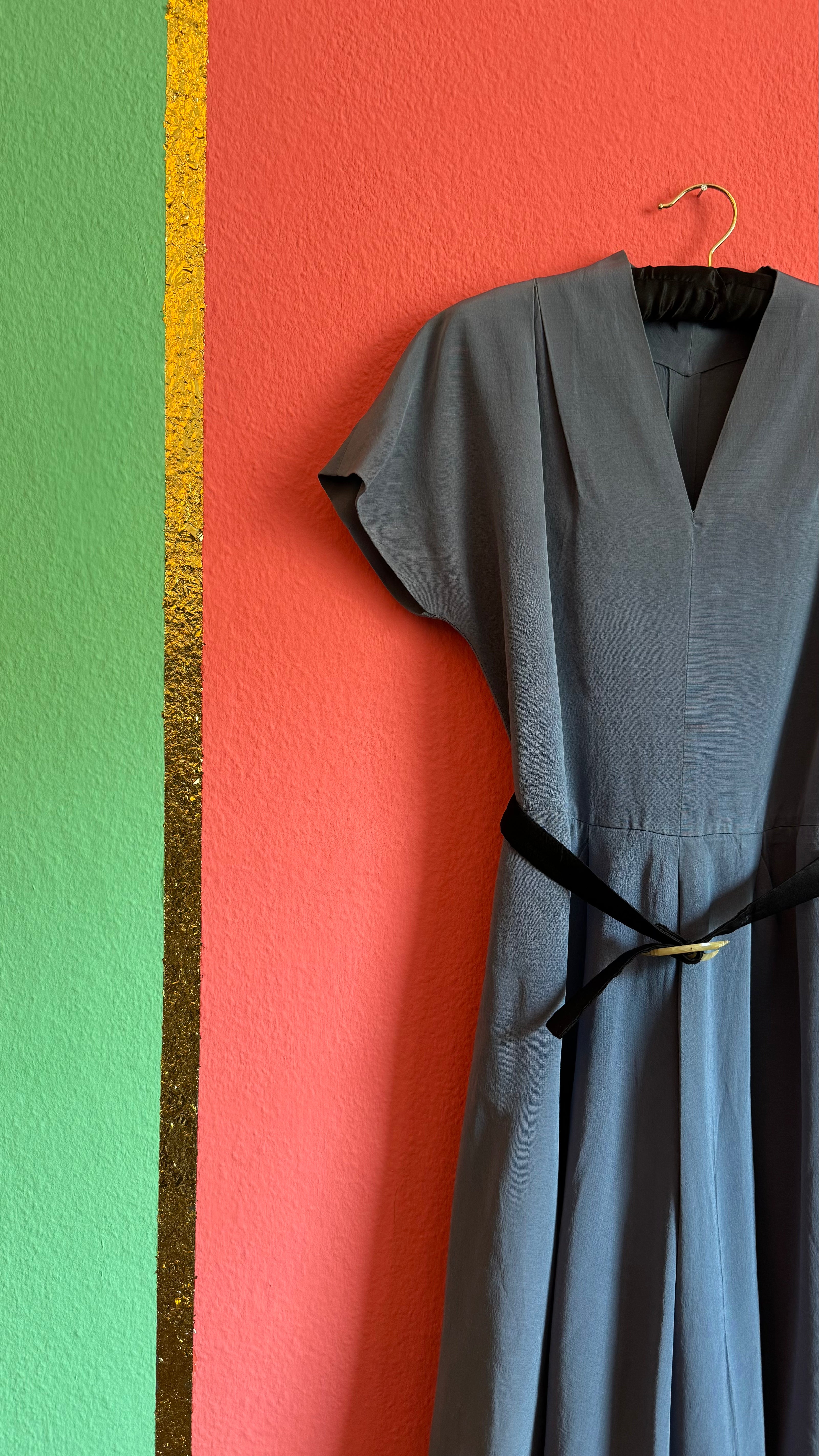 Vintage 1940s Slate Blue Pleated Dress With Belt