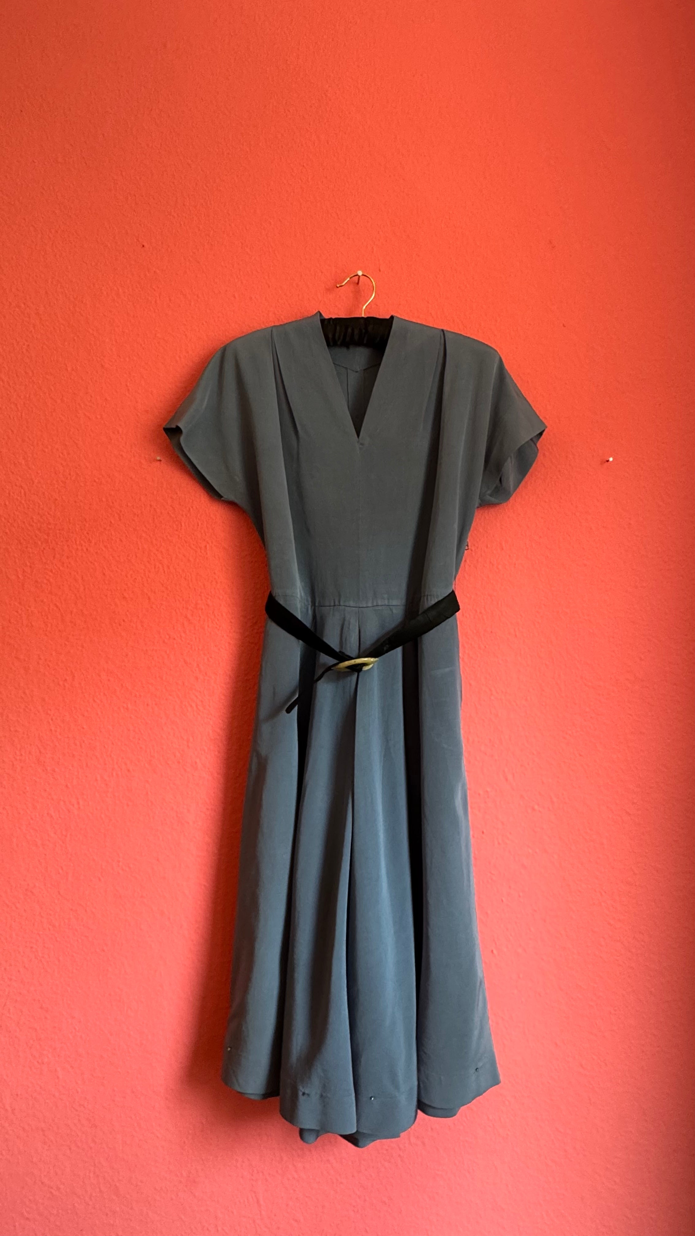Vintage 1940s Slate Blue Pleated Dress With Belt