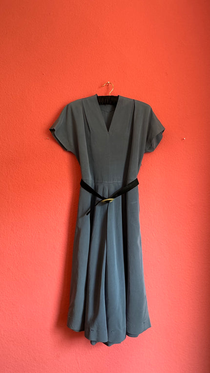 Vintage 1940s Slate Blue Pleated Dress With Belt