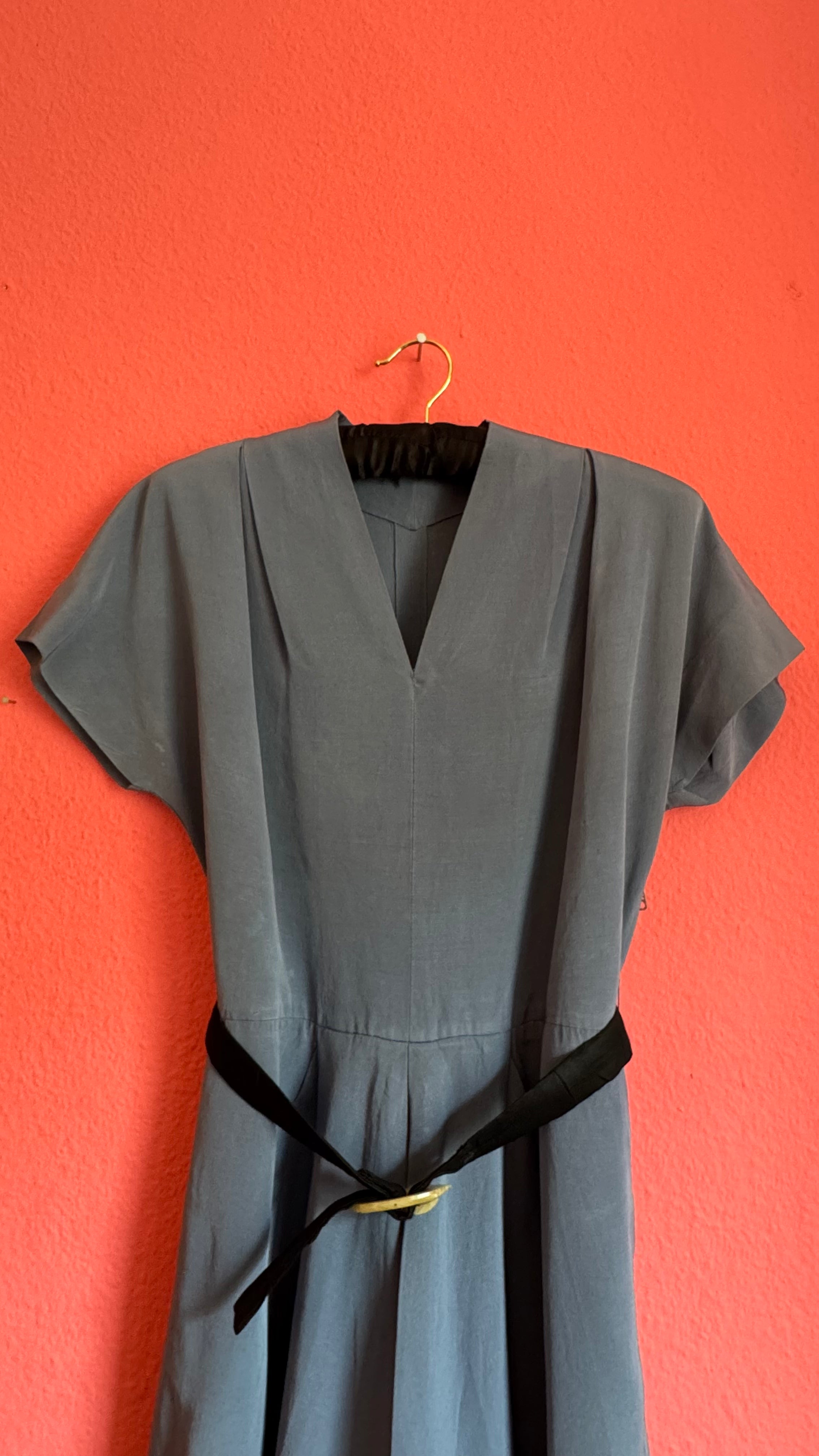 Vintage 1940s Slate Blue Pleated Dress With Belt