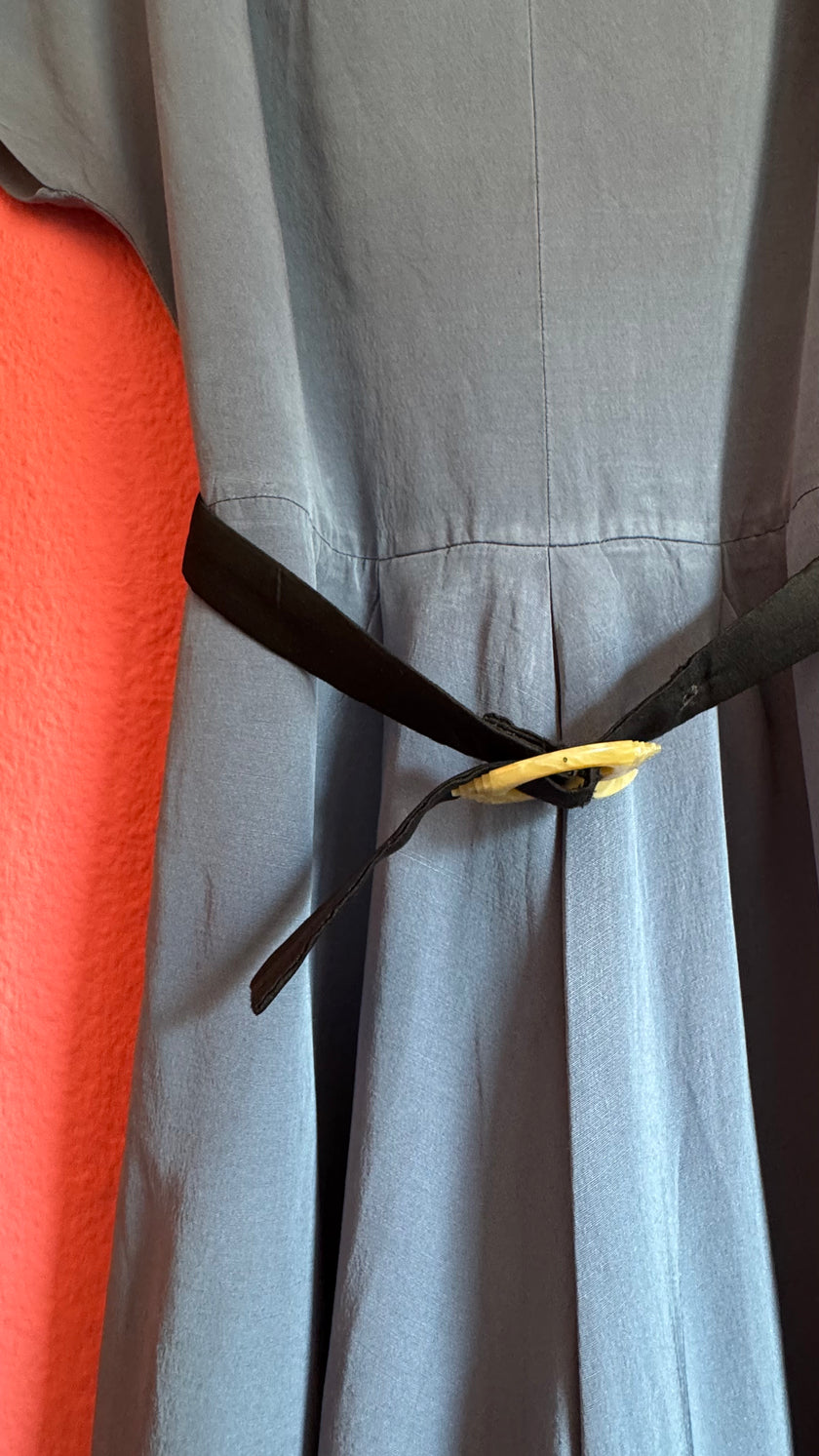 Vintage 1940s Slate Blue Pleated Dress With Belt