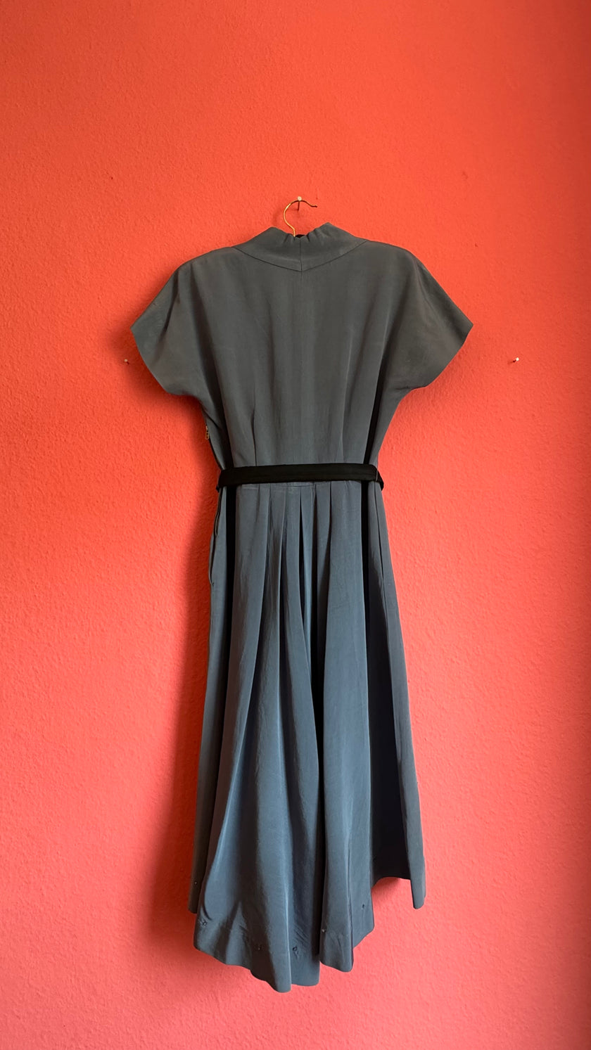 Vintage 1940s Slate Blue Pleated Dress With Belt