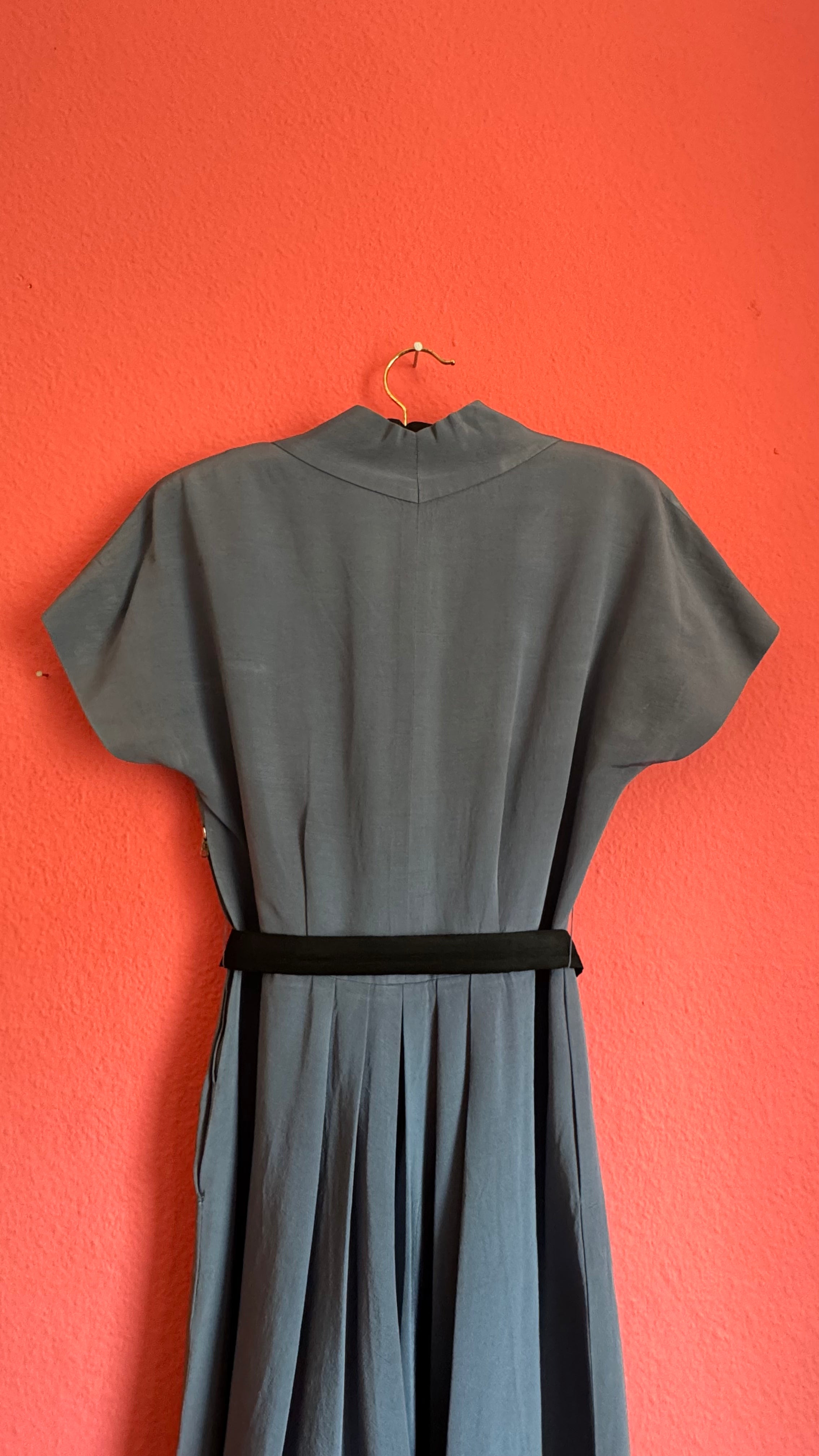 Vintage 1940s Slate Blue Pleated Dress With Belt