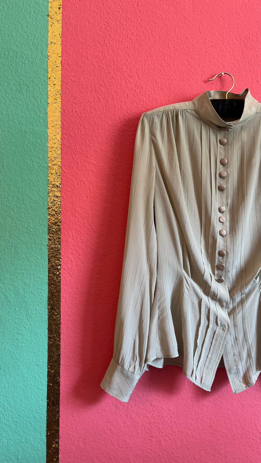 Vintage 1980s Ivory Pinstripe Blouse With Covered Buttons