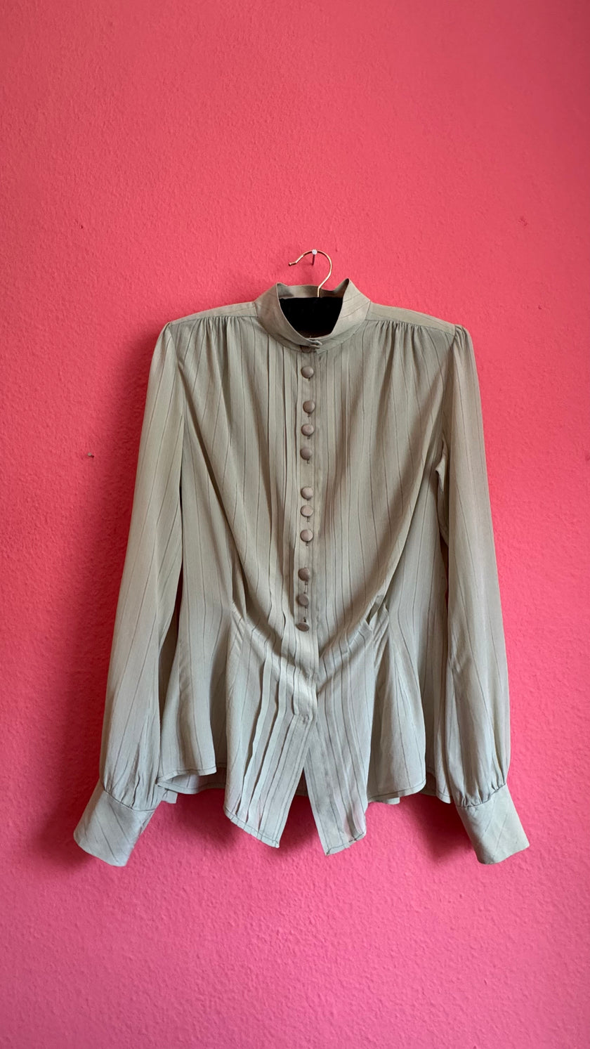 Vintage 1980s Ivory Pinstripe Blouse With Covered Buttons