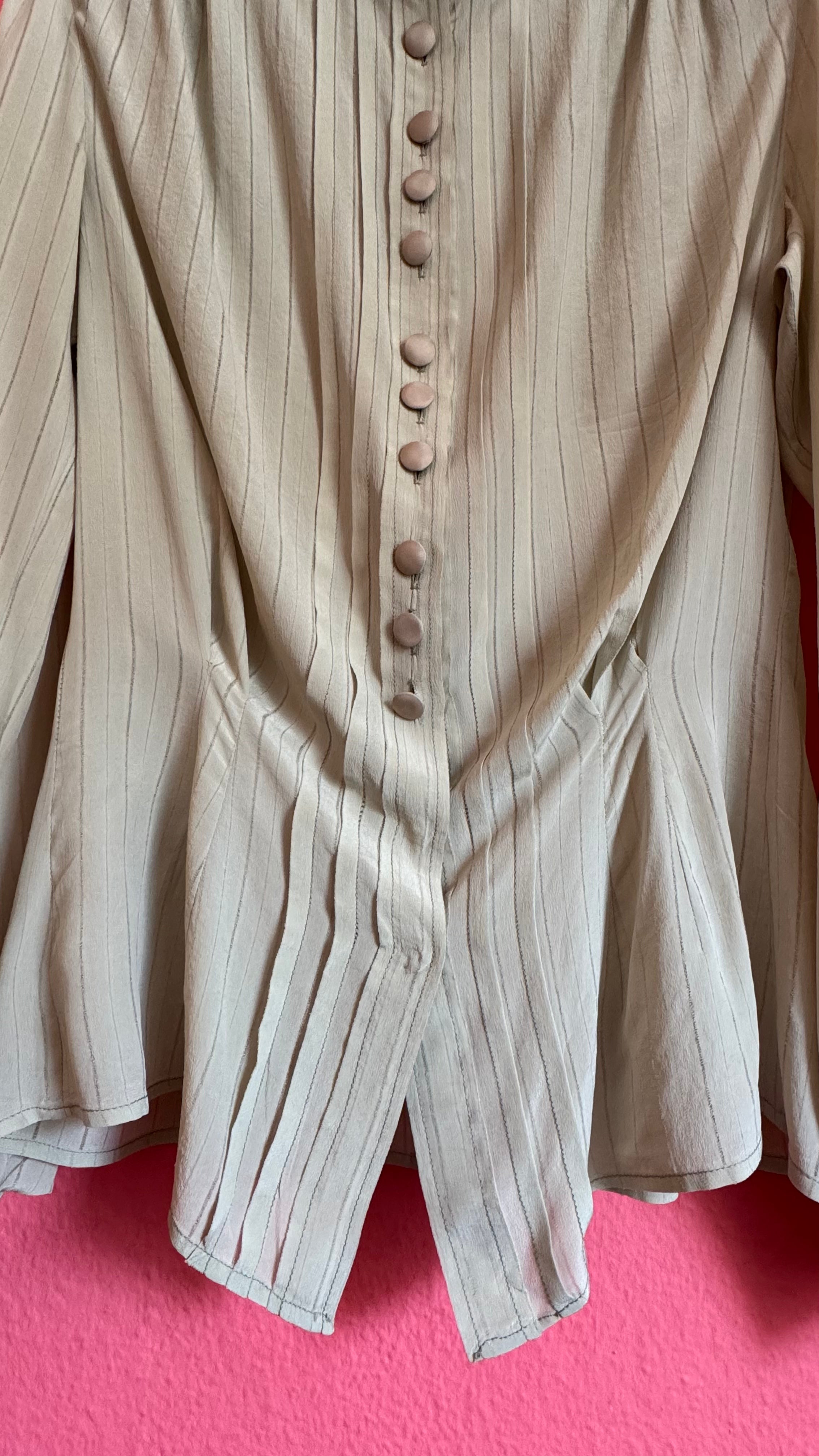 Vintage 1980s Ivory Pinstripe Blouse With Covered Buttons