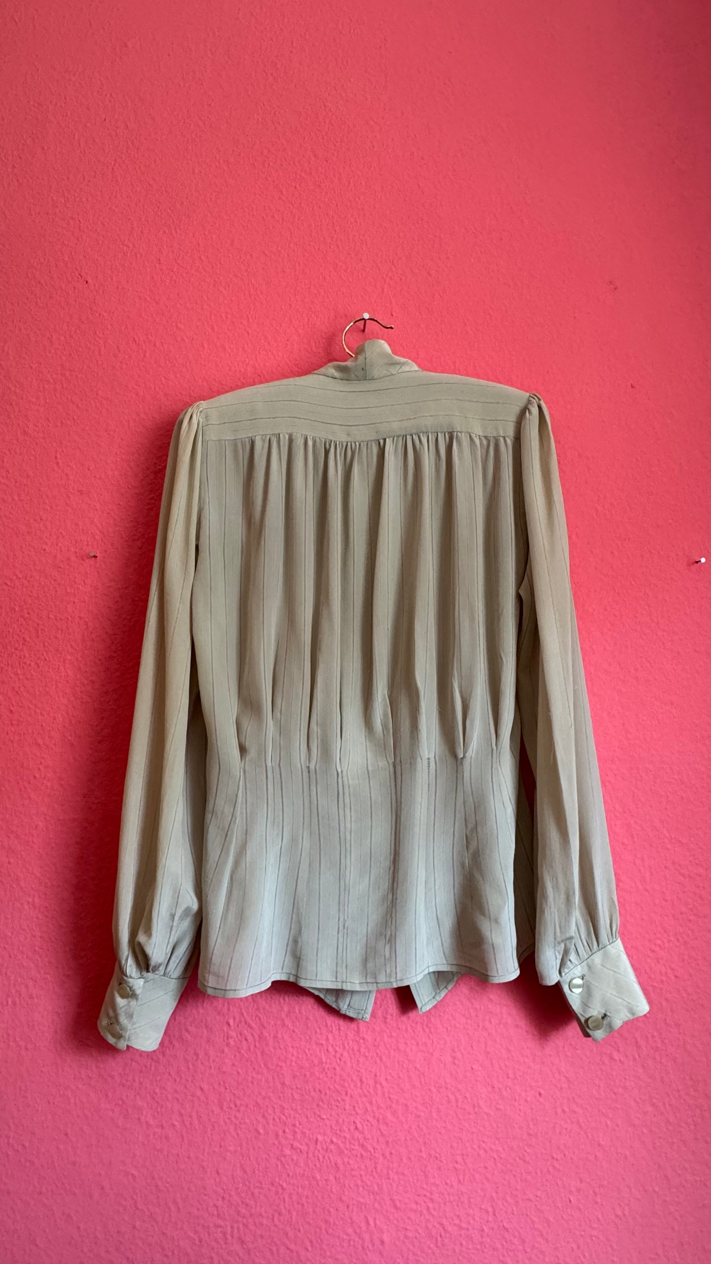 Vintage 1980s Ivory Pinstripe Blouse With Covered Buttons