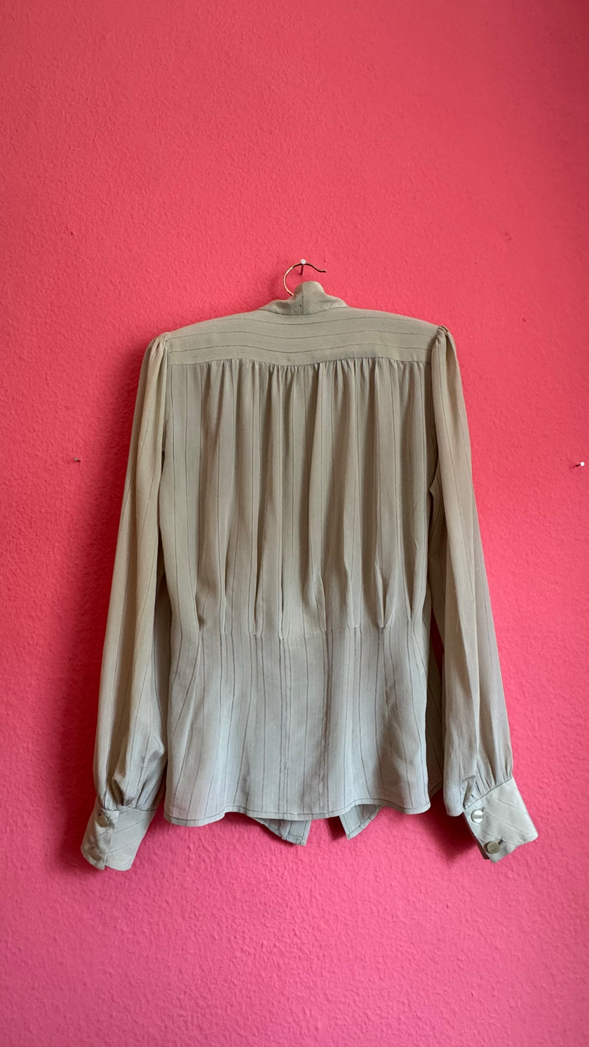 Vintage 1980s Ivory Pinstripe Blouse With Covered Buttons