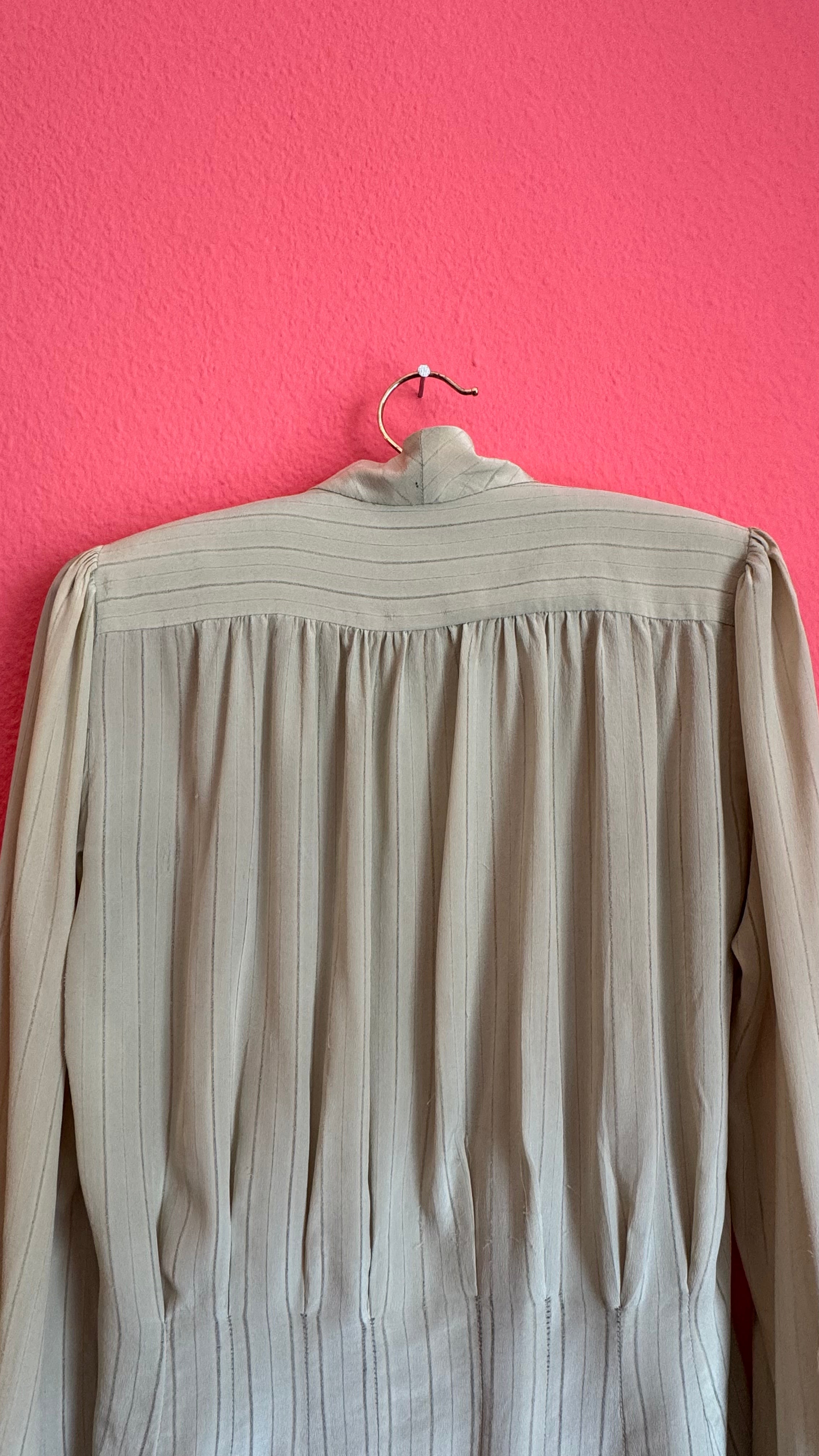 Vintage 1980s Ivory Pinstripe Blouse With Covered Buttons