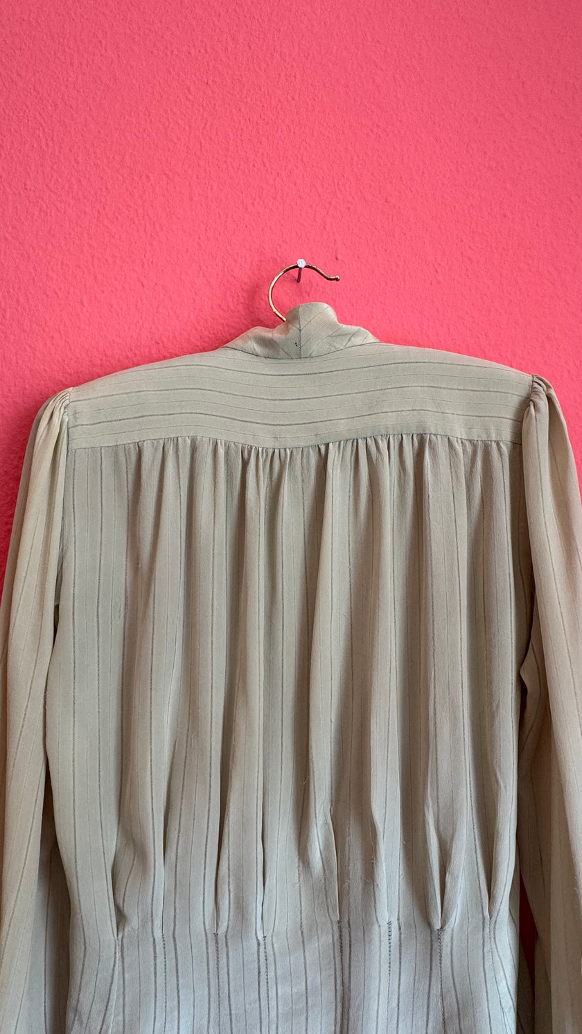 Vintage 1980s Ivory Pinstripe Blouse With Covered Buttons