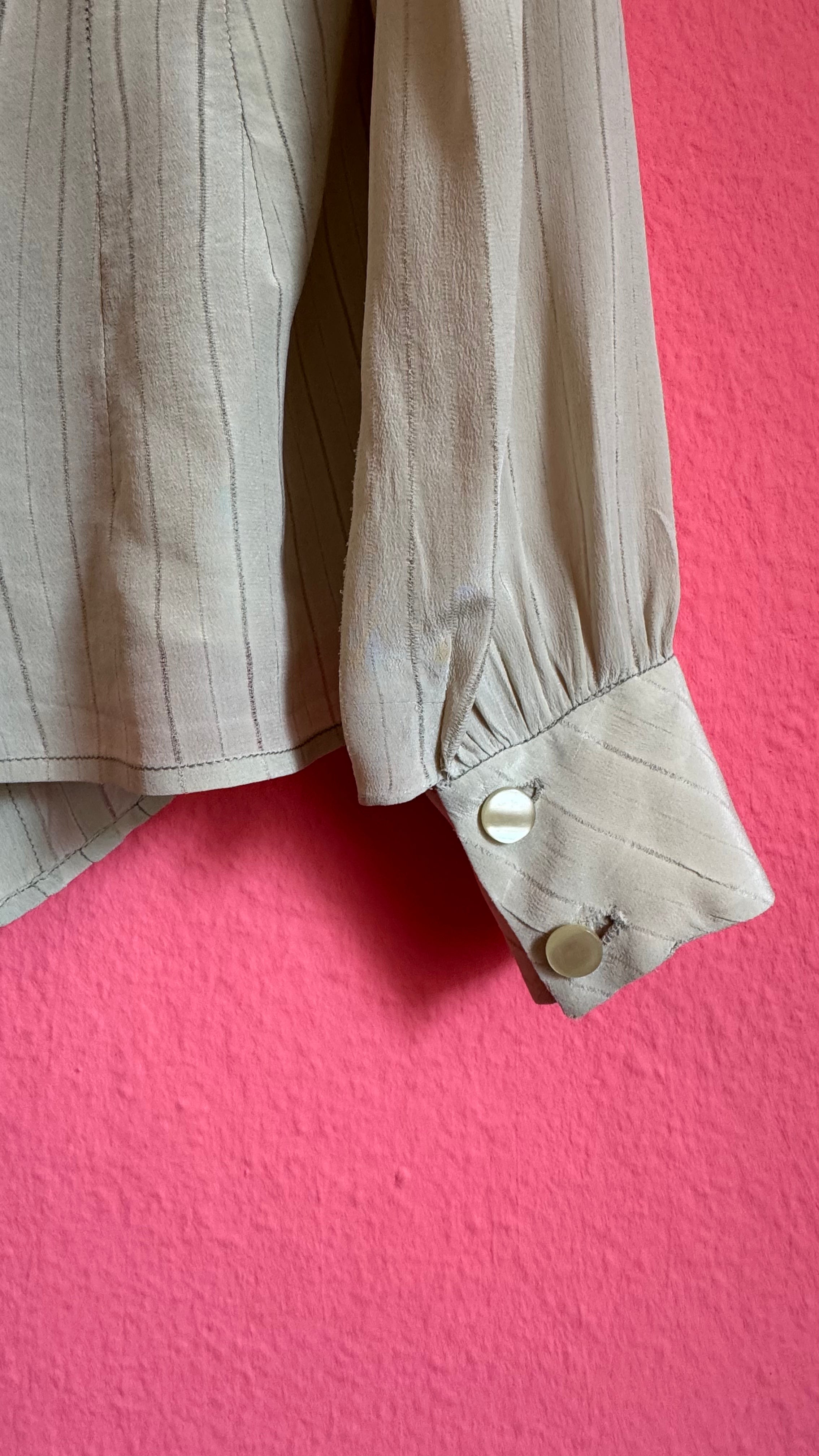Vintage 1980s Ivory Pinstripe Blouse With Covered Buttons