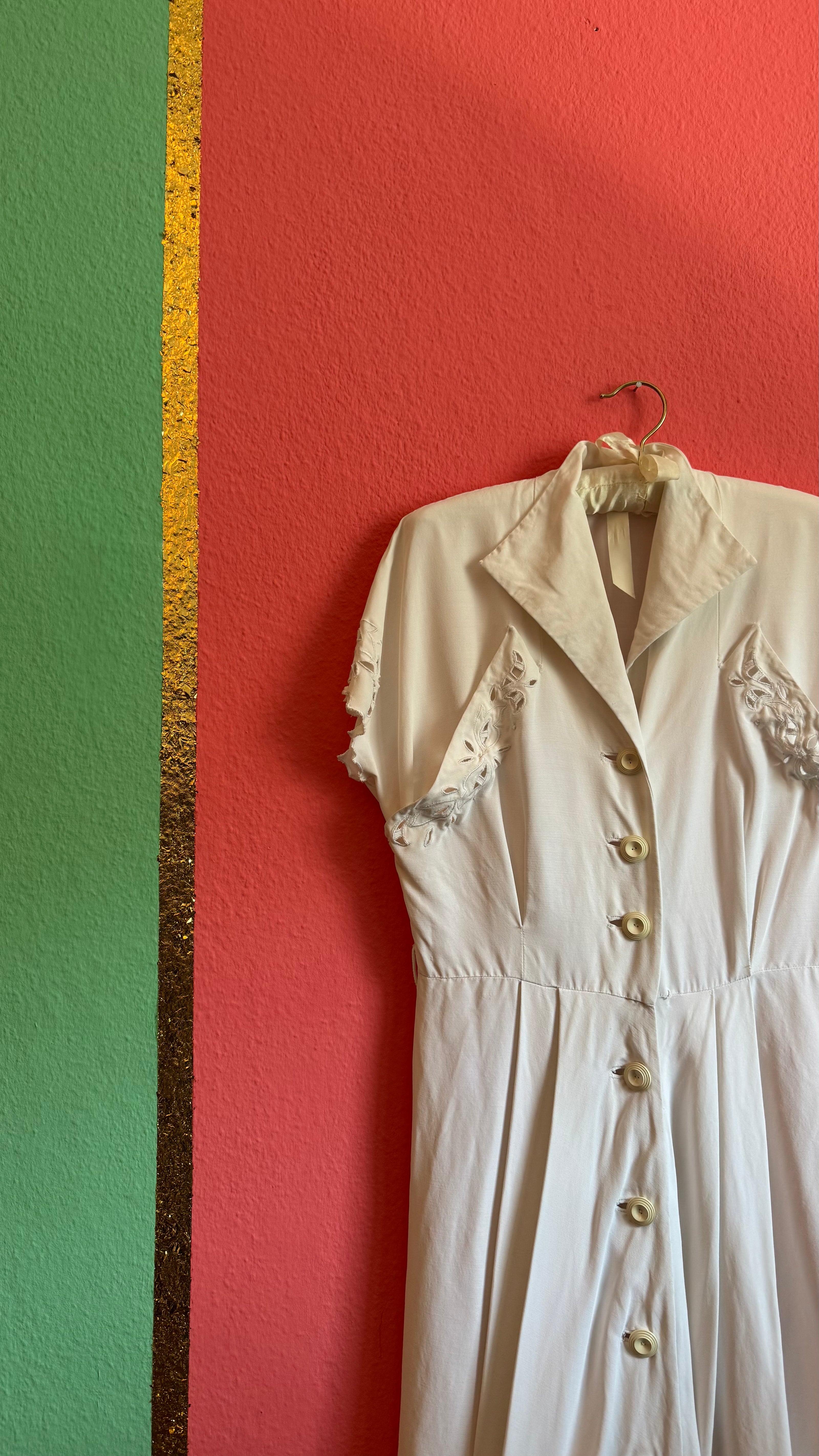 Vintage 1940s Ivory Cutwork Button-Front Dress
