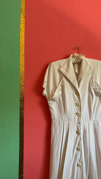 Vintage 1940s Ivory Cutwork Button-Front Dress
