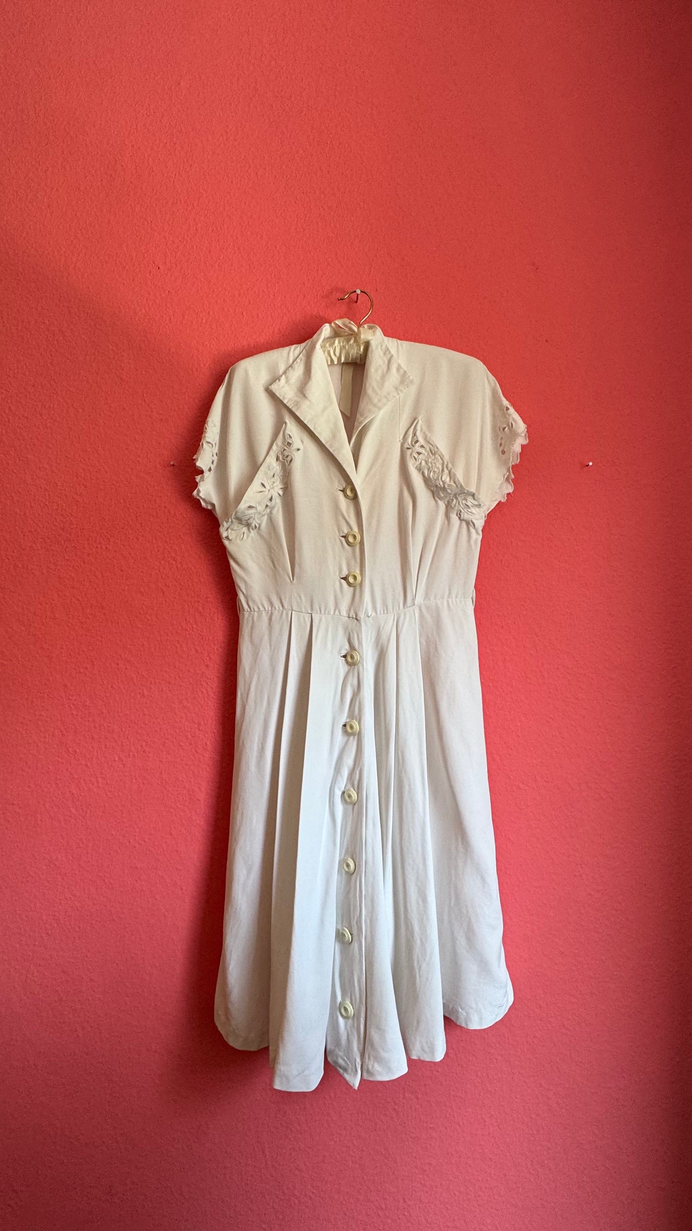 Vintage 1940s Ivory Cutwork Button-Front Dress
