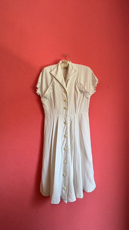 Vintage 1940s Ivory Cutwork Button-Front Dress