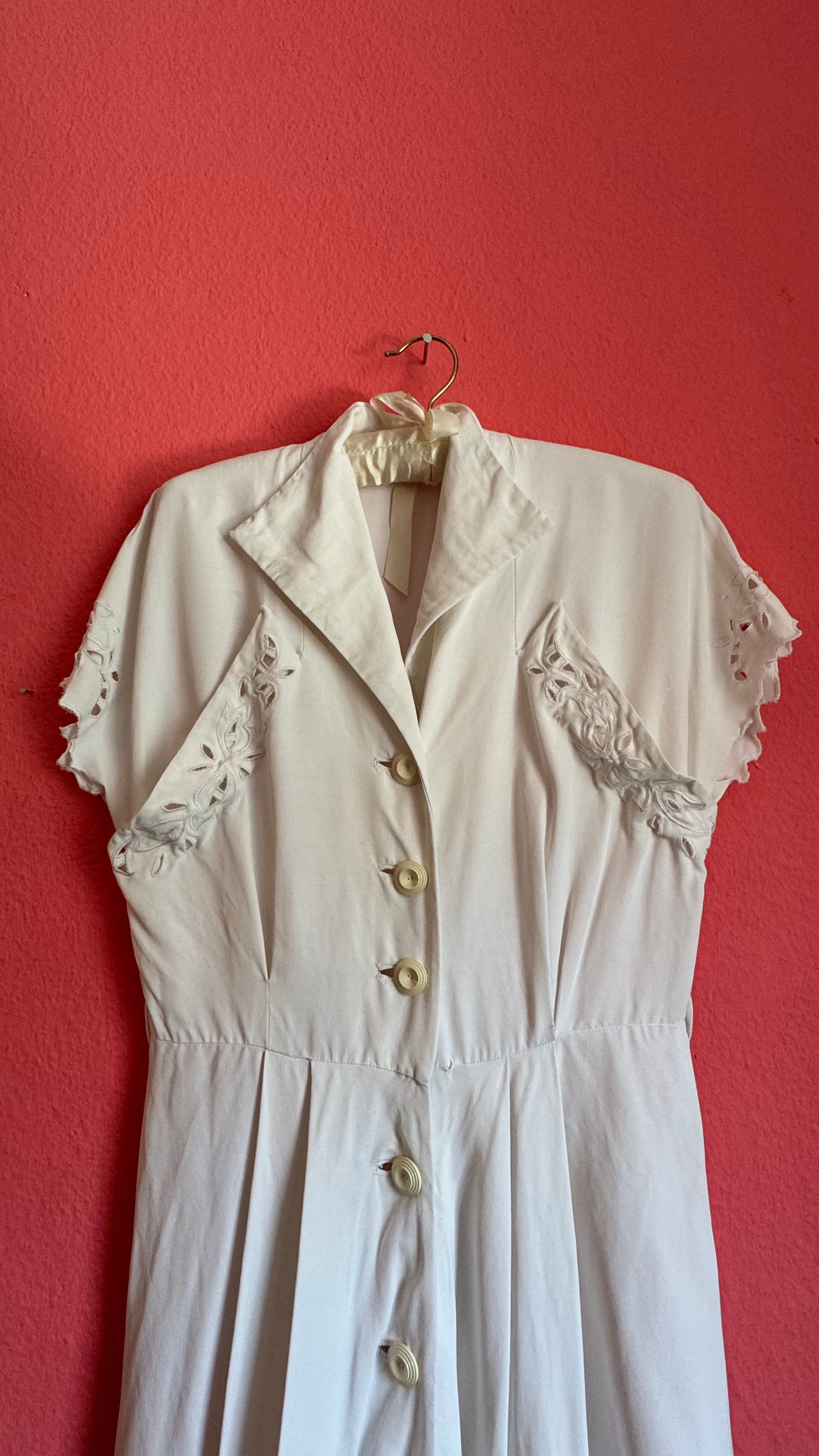 Vintage 1940s Ivory Cutwork Button-Front Dress