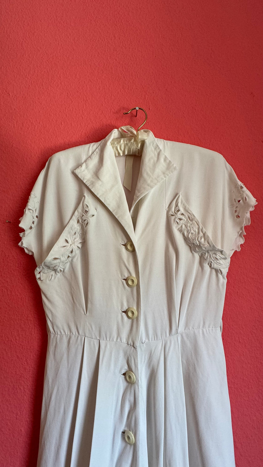 Vintage 1940s Ivory Cutwork Button-Front Dress