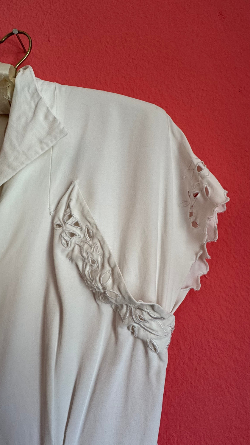 Vintage 1940s Ivory Cutwork Button-Front Dress