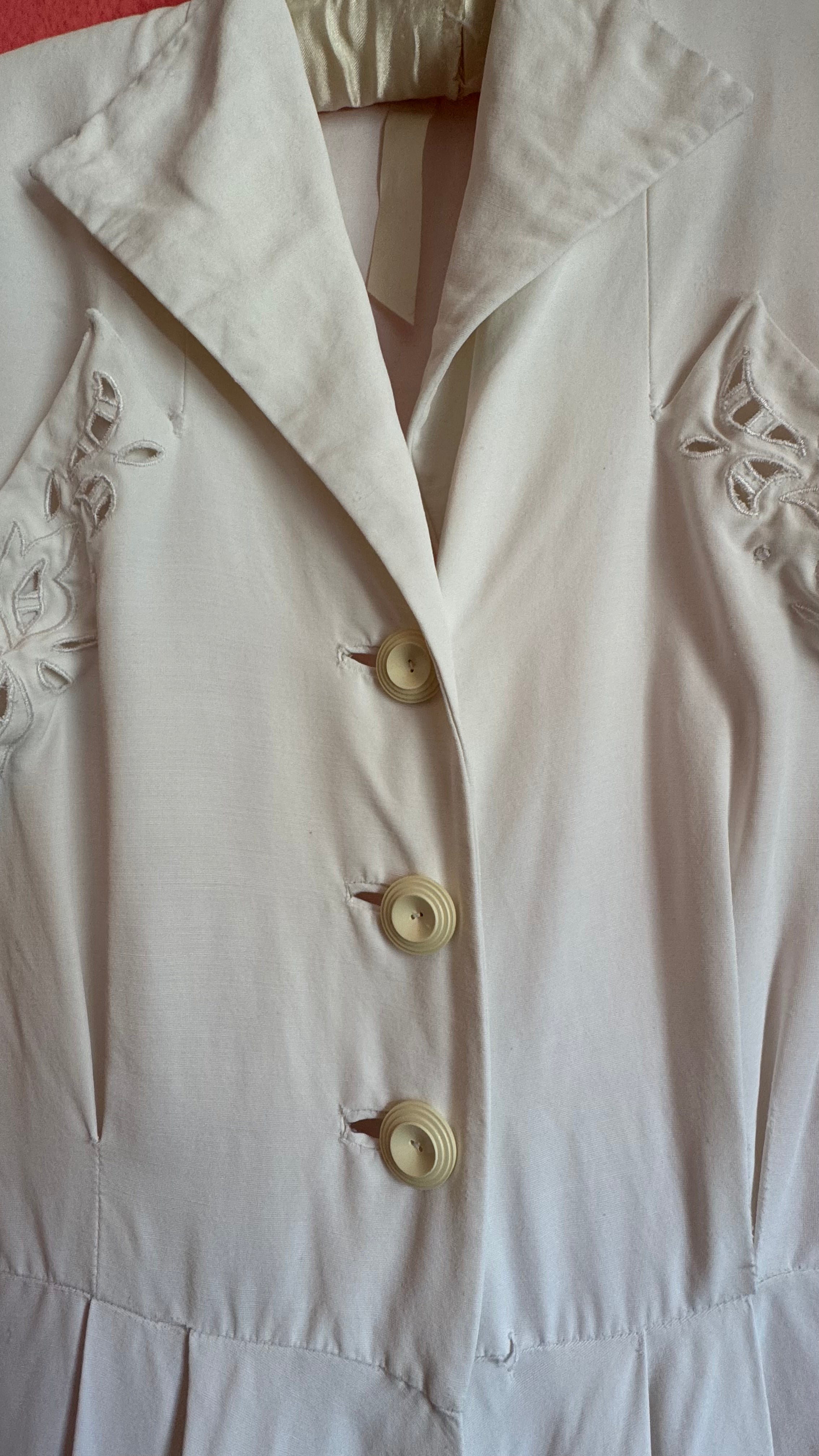 Vintage 1940s Ivory Cutwork Button-Front Dress