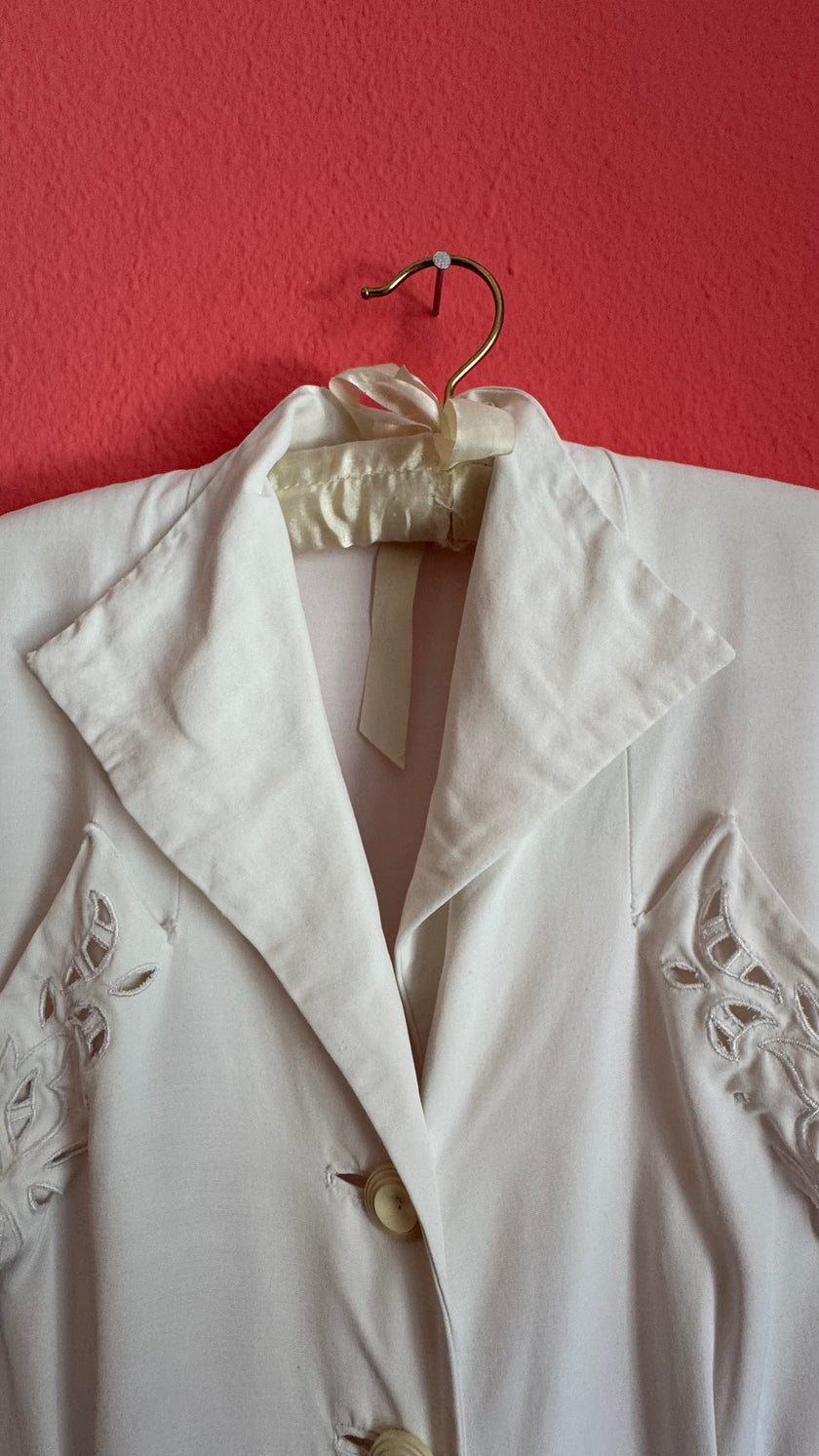 Vintage 1940s Ivory Cutwork Button-Front Dress